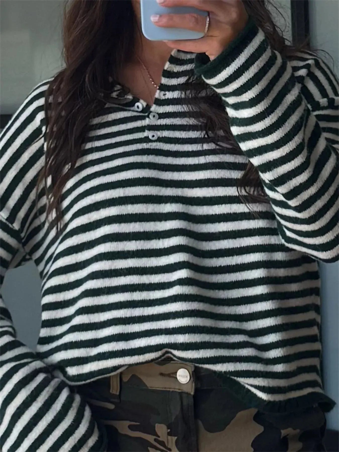 Button Detail Dropped Shoulder Striped Sweater Simply Love