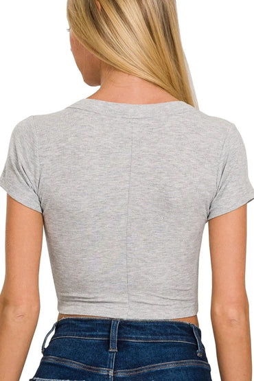 Zenana Ribbed Scoop Neck Crop Short Sleeve Top - Love Salve 