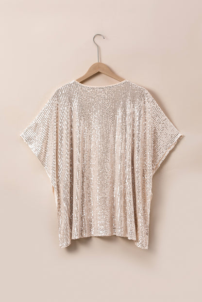 Sparkling apricot plus size V neck boxy top with sequined elegance