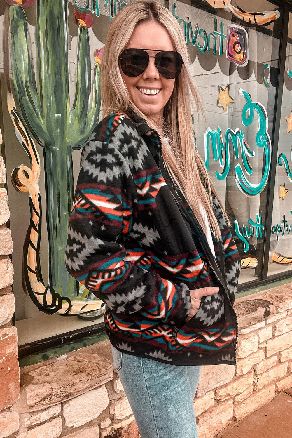 Chic black Aztec zip collar jacket for effortless style