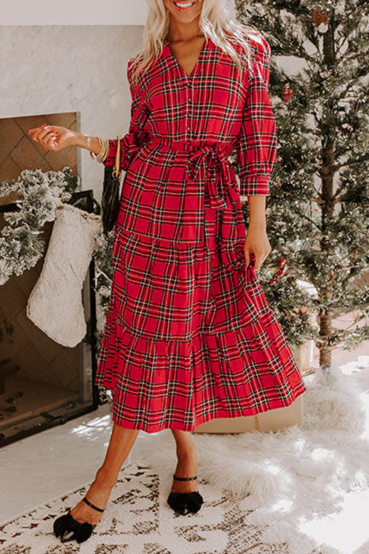 Red Christmas Plaid V Neck Three Fourth Sleeve Tie Waist Ruffle Hem Long Dress For Women Holiday Party Winter Casual Dear-Lover Dropshipping
