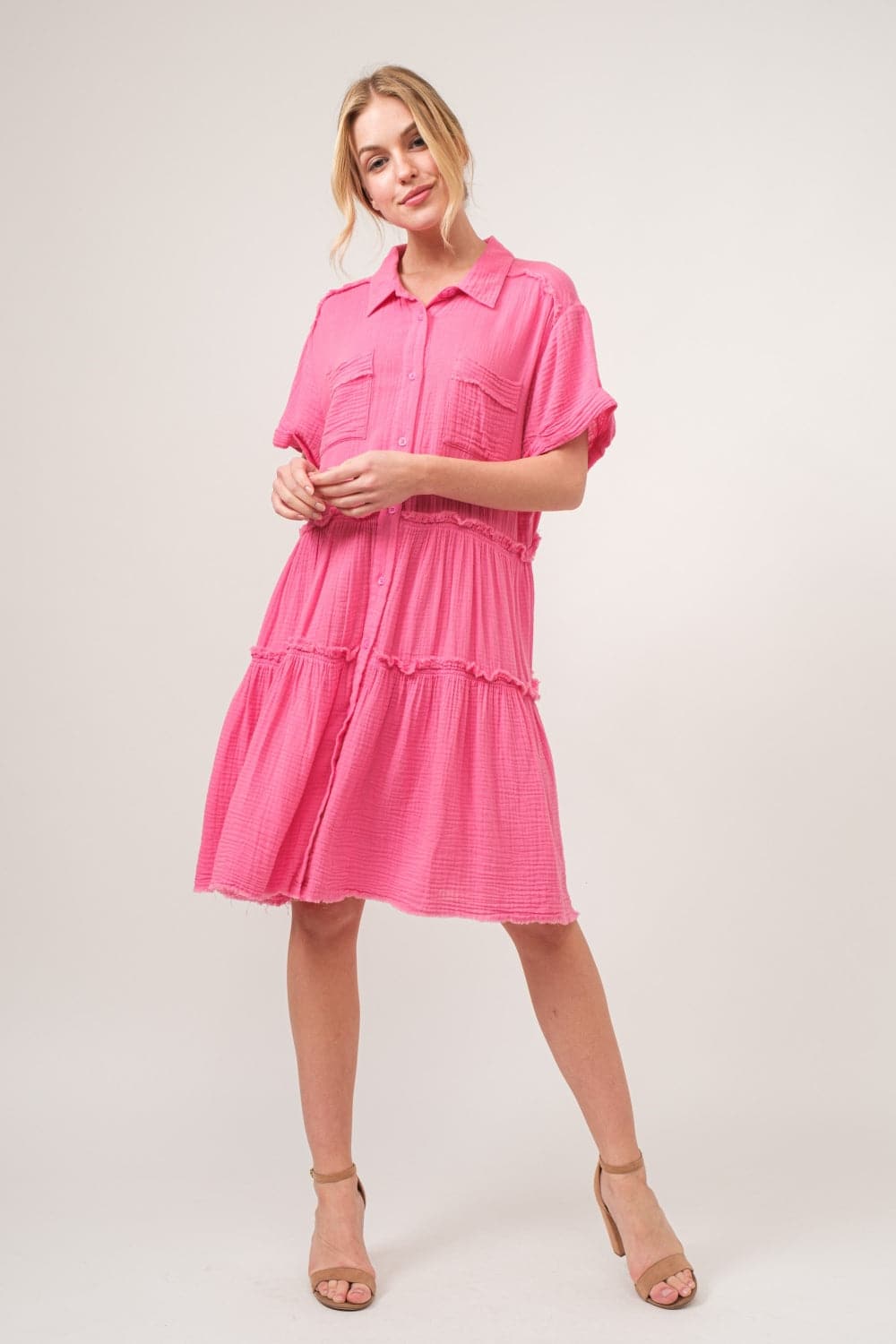 The chic raw edge washed tiered shirt dress