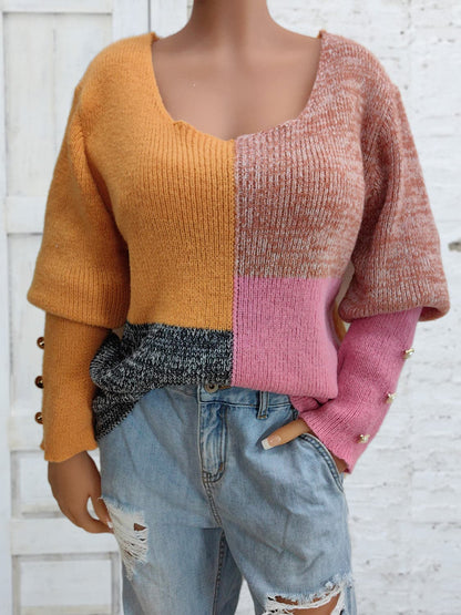 Color Block Decorative Button Long Sleeve Sweater.