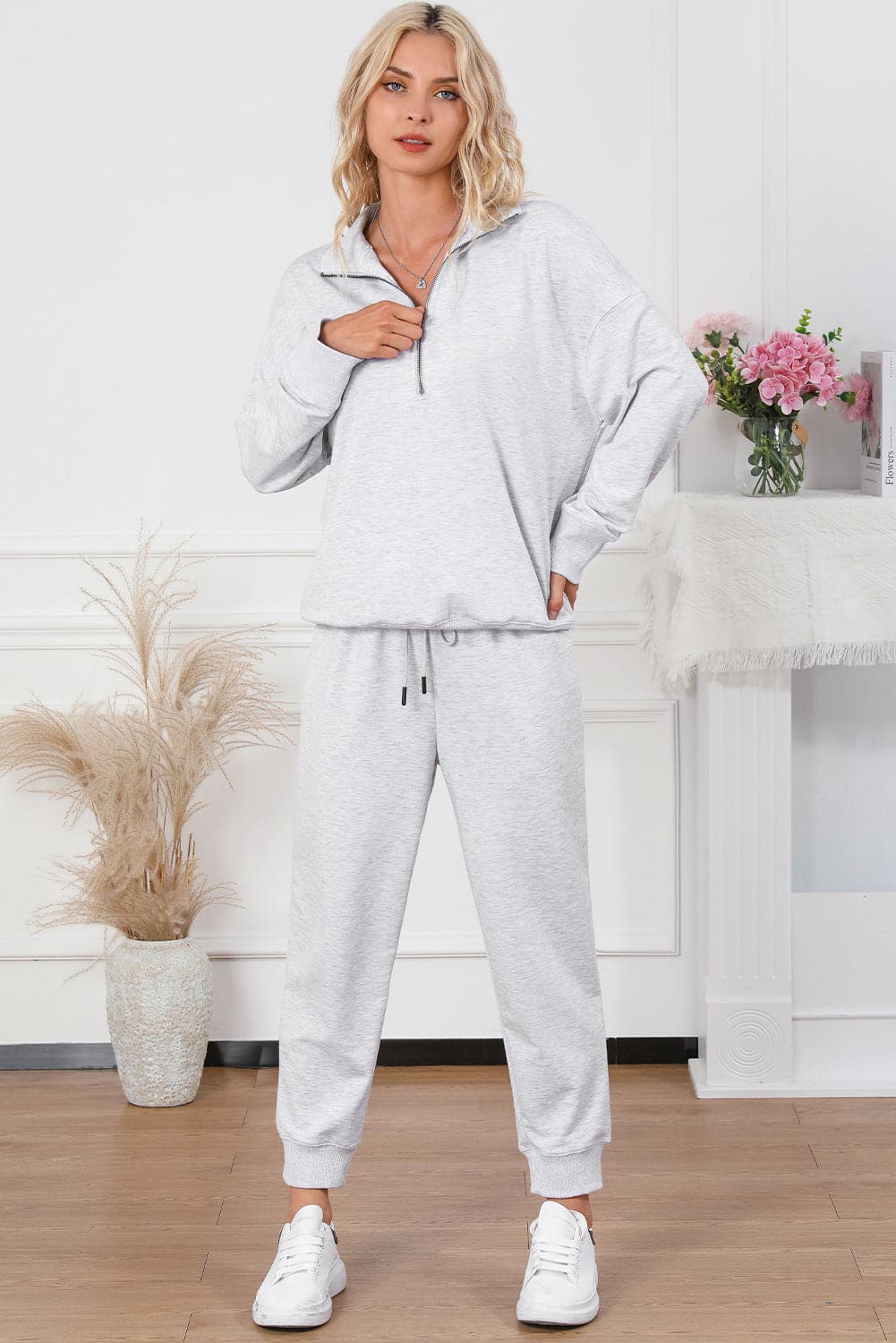 Half Zip Sweatshirt and Drawstring Sweatpants Set.