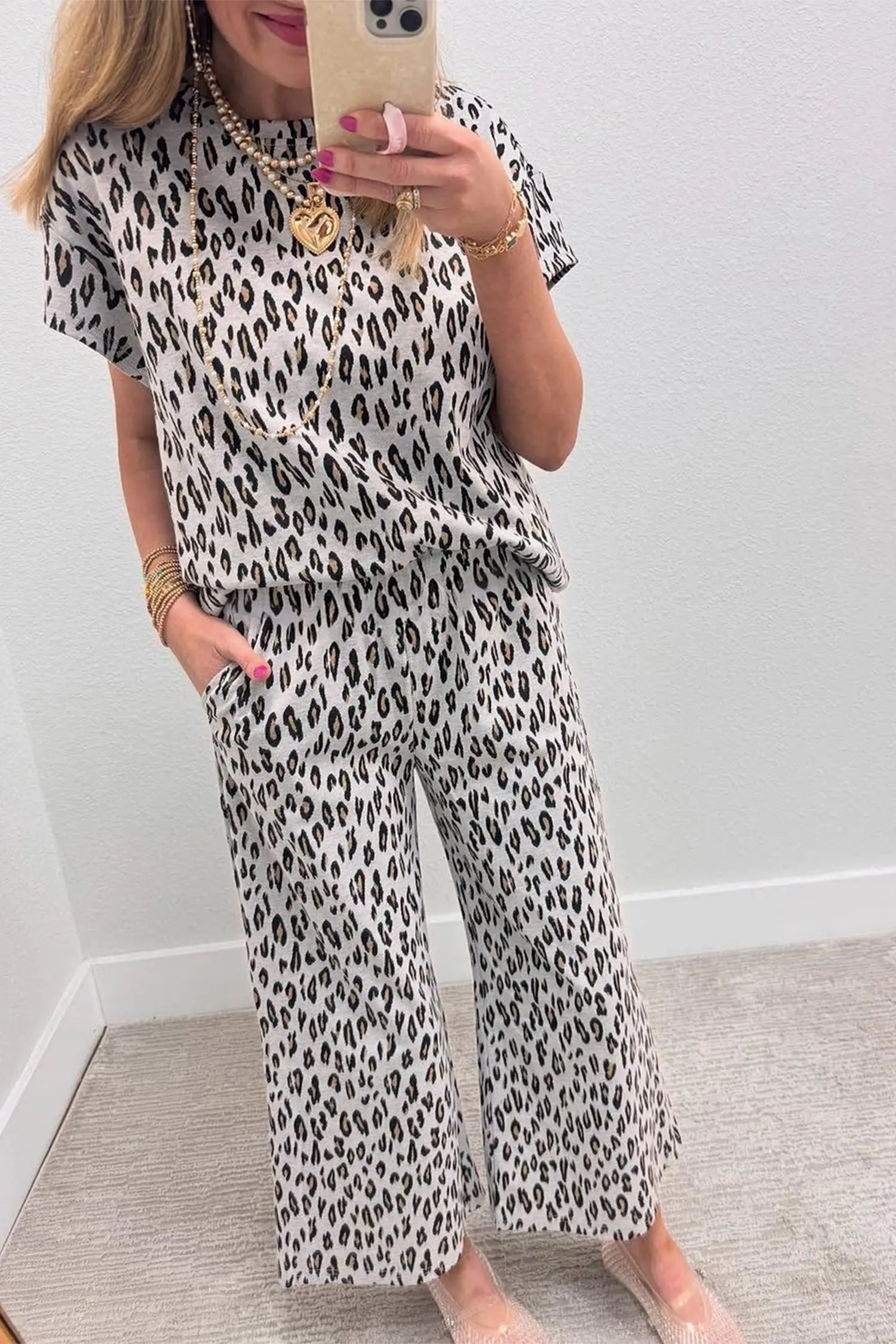Beige Leopard Print 2pc Tee and Pants Set Casual Outfit Dear-Lover Dropshipping
