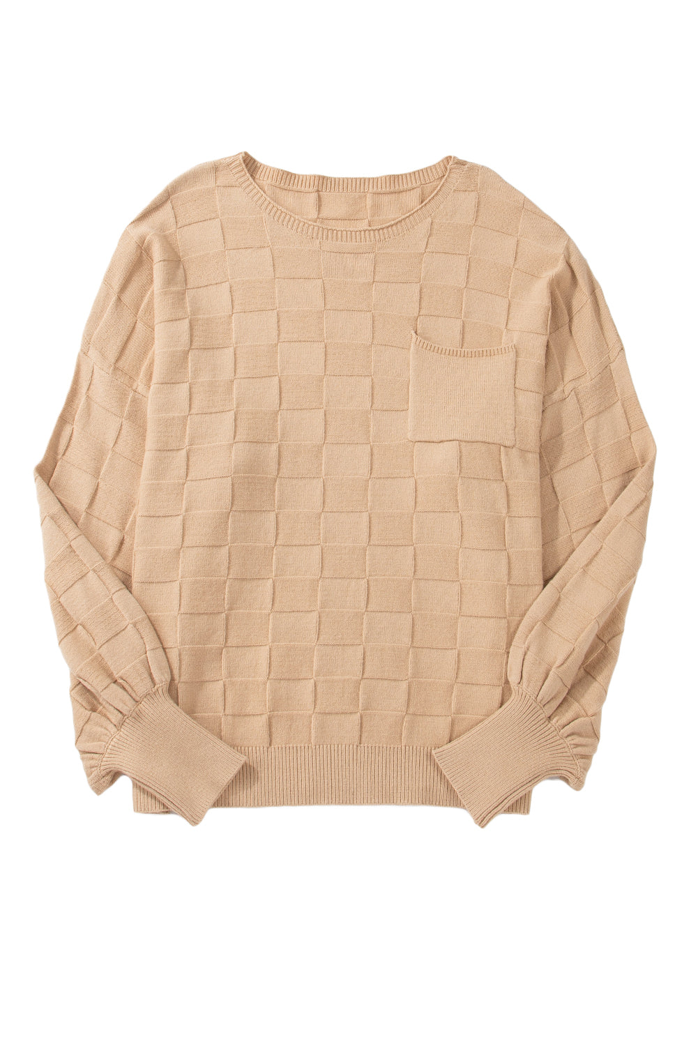 Cozy elegance: Light beige checkered textured knit sweater in plus sizes