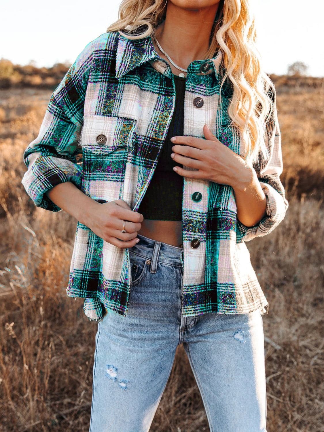 Plaid long sleeve shacket with pockets