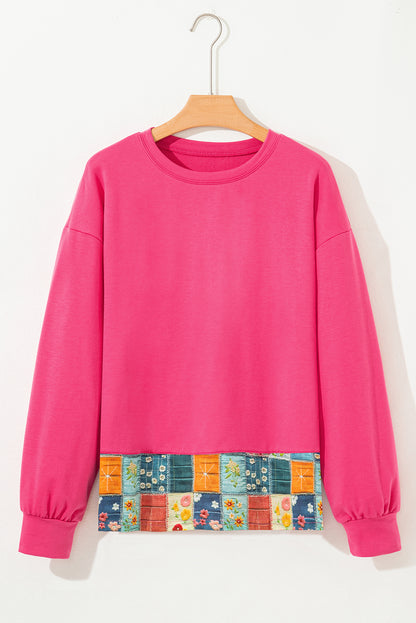 Strawberry Pink Floral Patchwork Hemline Round Neck Top