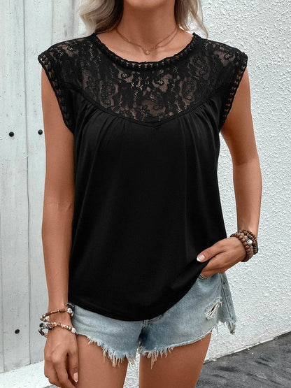 Lace Round Neck Cap Sleeve T-Shirt.