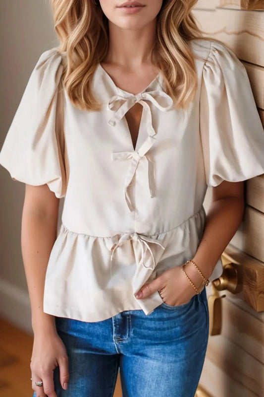 Bow Tie Short Puff Sleeve Ruffle Hem Blouse Simply Love