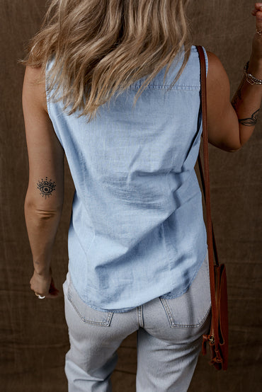 Light Blue Sleeveless Denim Collared Shirt for Casual Wear