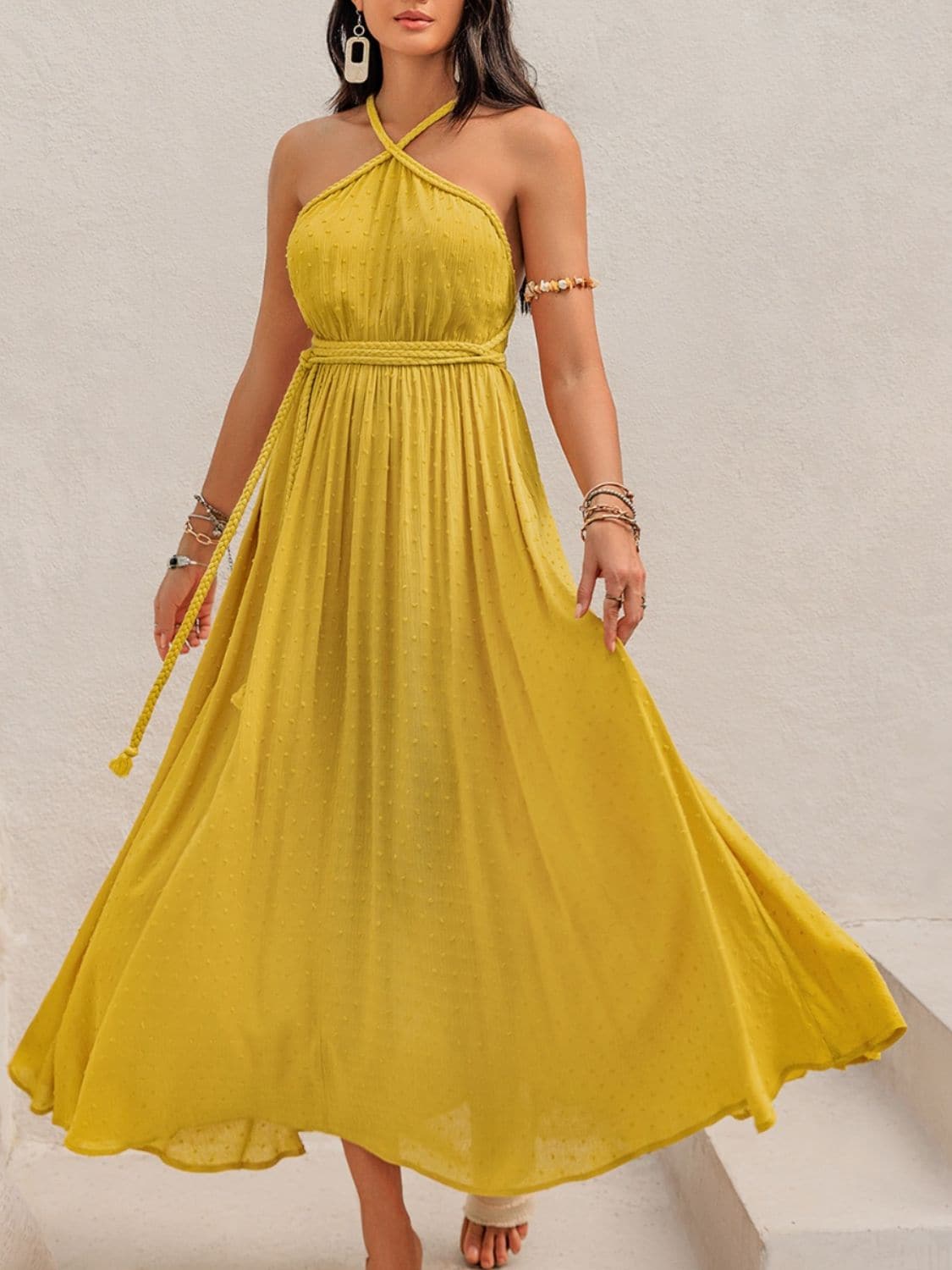 Swiss Dot Backless Sleeveless Maxi Dress.