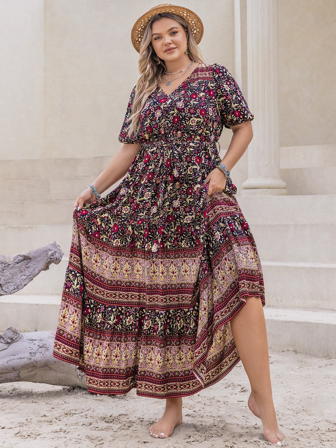 Plus Size Printed V-Neck Short Sleeve Maxi Dress.