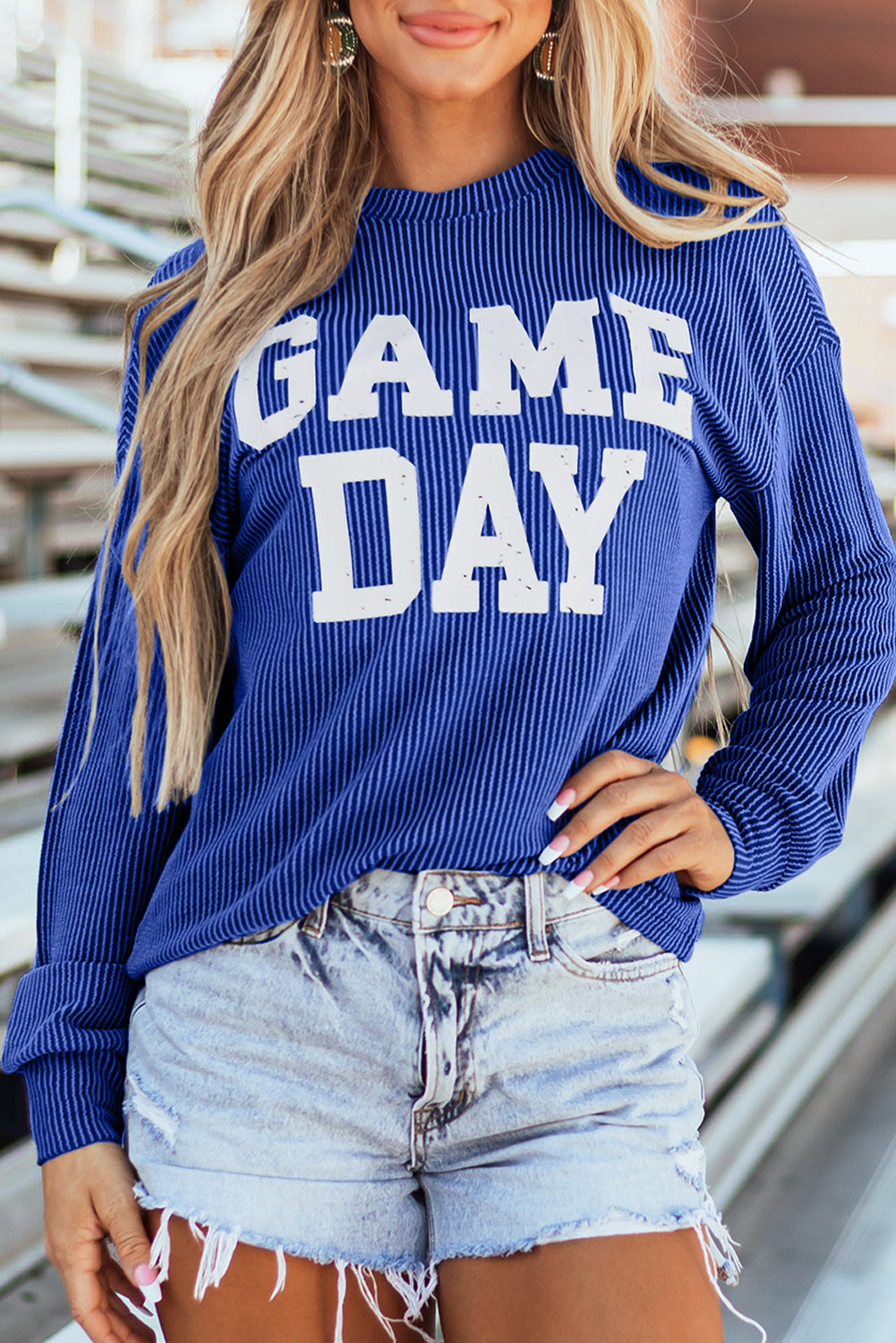 Bluing Corded GAME DAY Graphic Long Sleeve Crewneck Top Love Salve