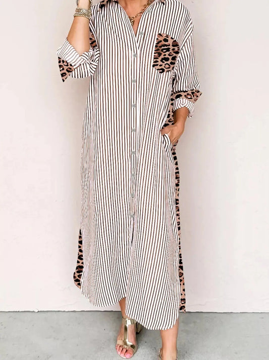 Striped Leopard Print Button Up Shirt Dress Simply Love