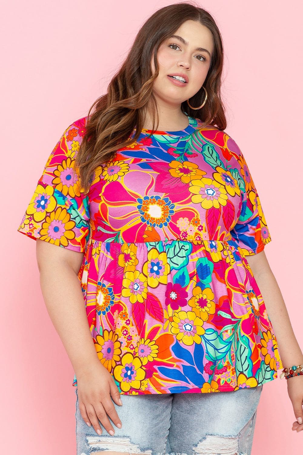 Plus Size Printed Round Neck Short Sleeve Top.