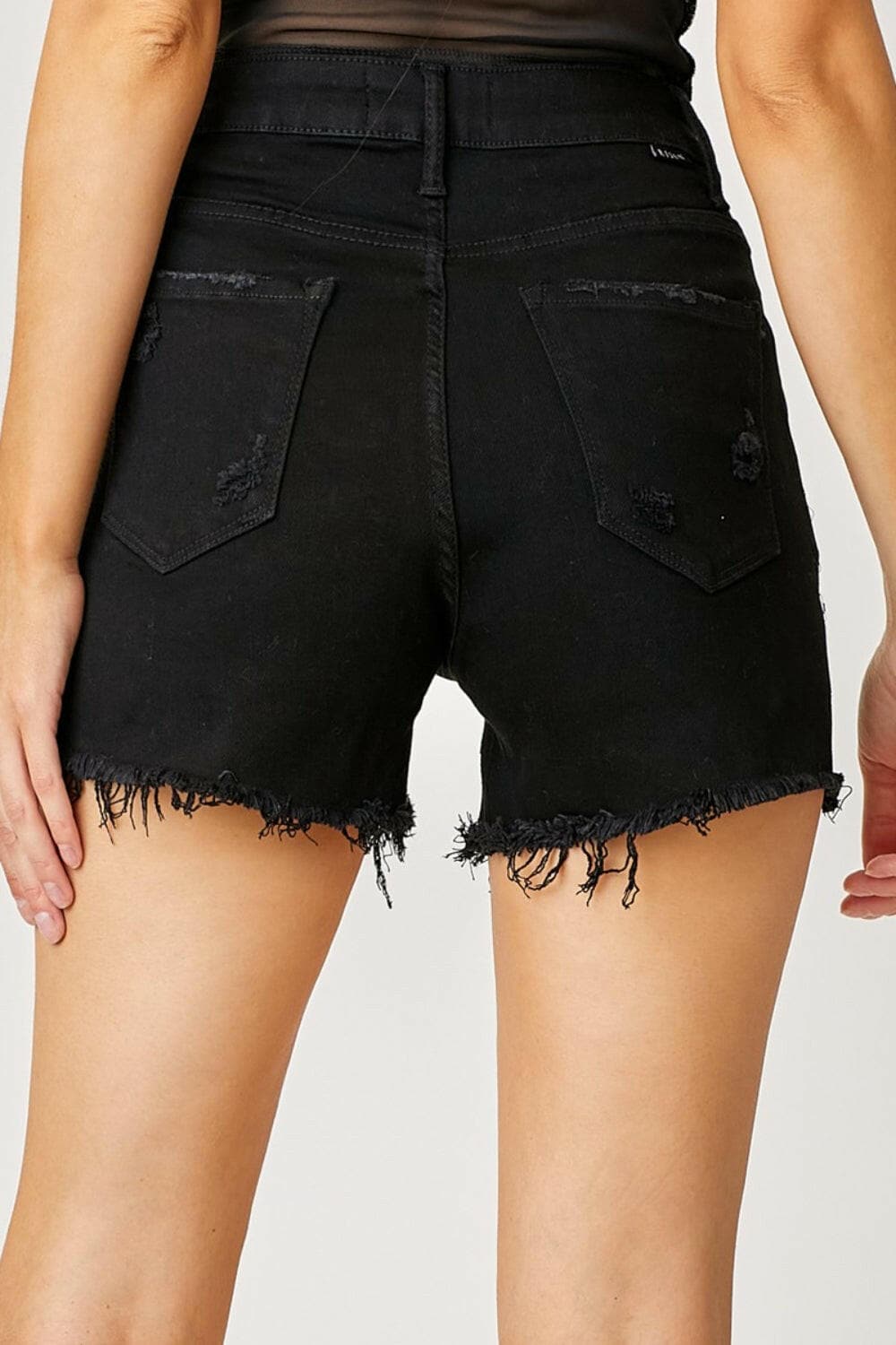 RISEN Frayed Hem Denim Shorts with Fringe Detail Pockets.