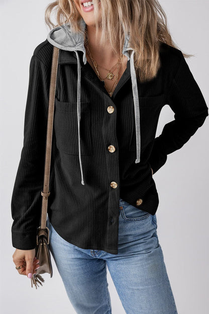 Drawstring Button Up Long Sleeve Hooded Jacket.