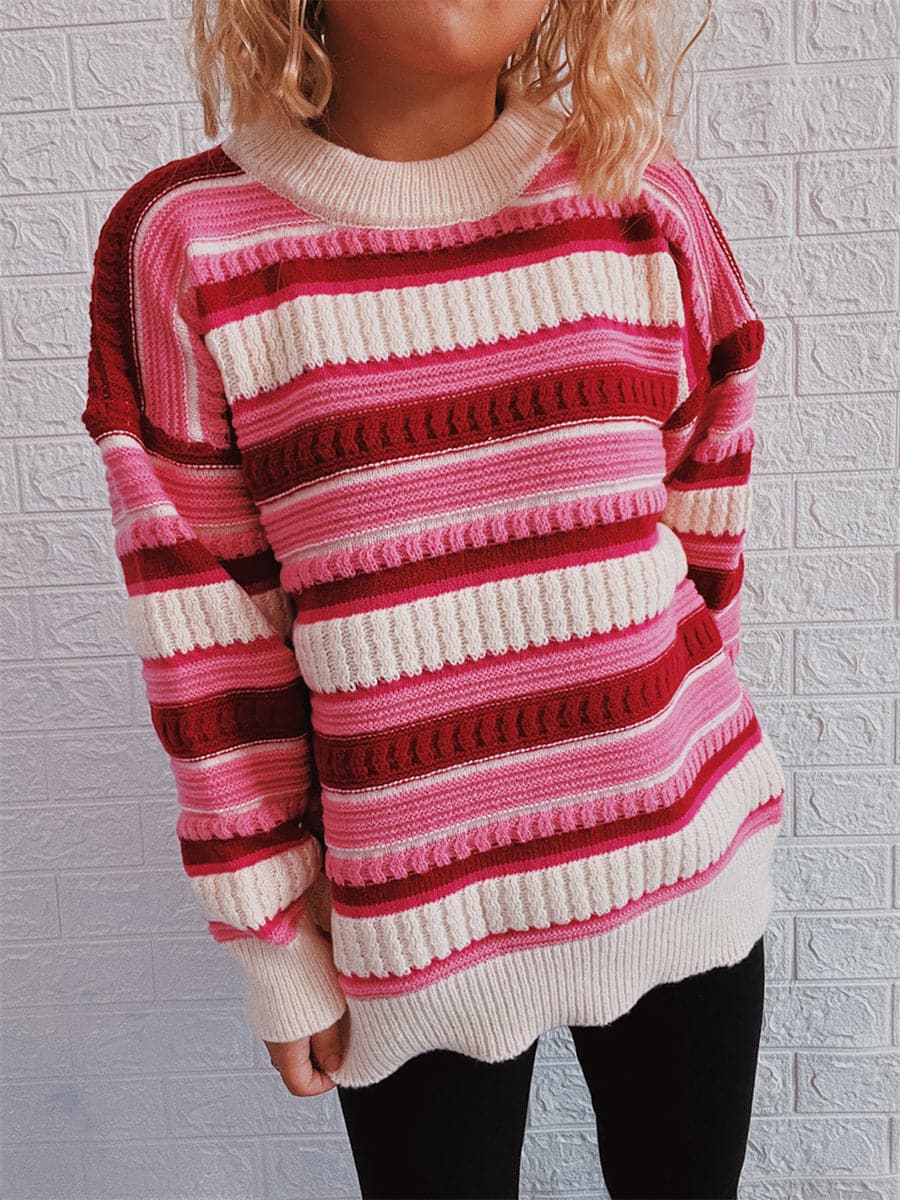 Striped Drop Shoulder Round Neck Sweater.