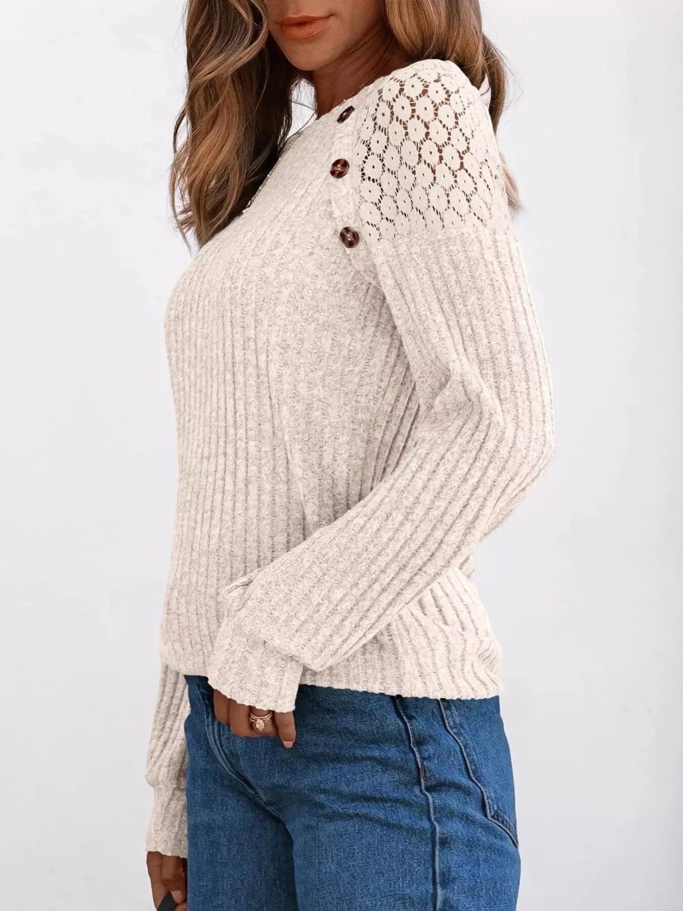 Ribbed Knit T-Shirt with Lace Shoulder Detail Simply Love