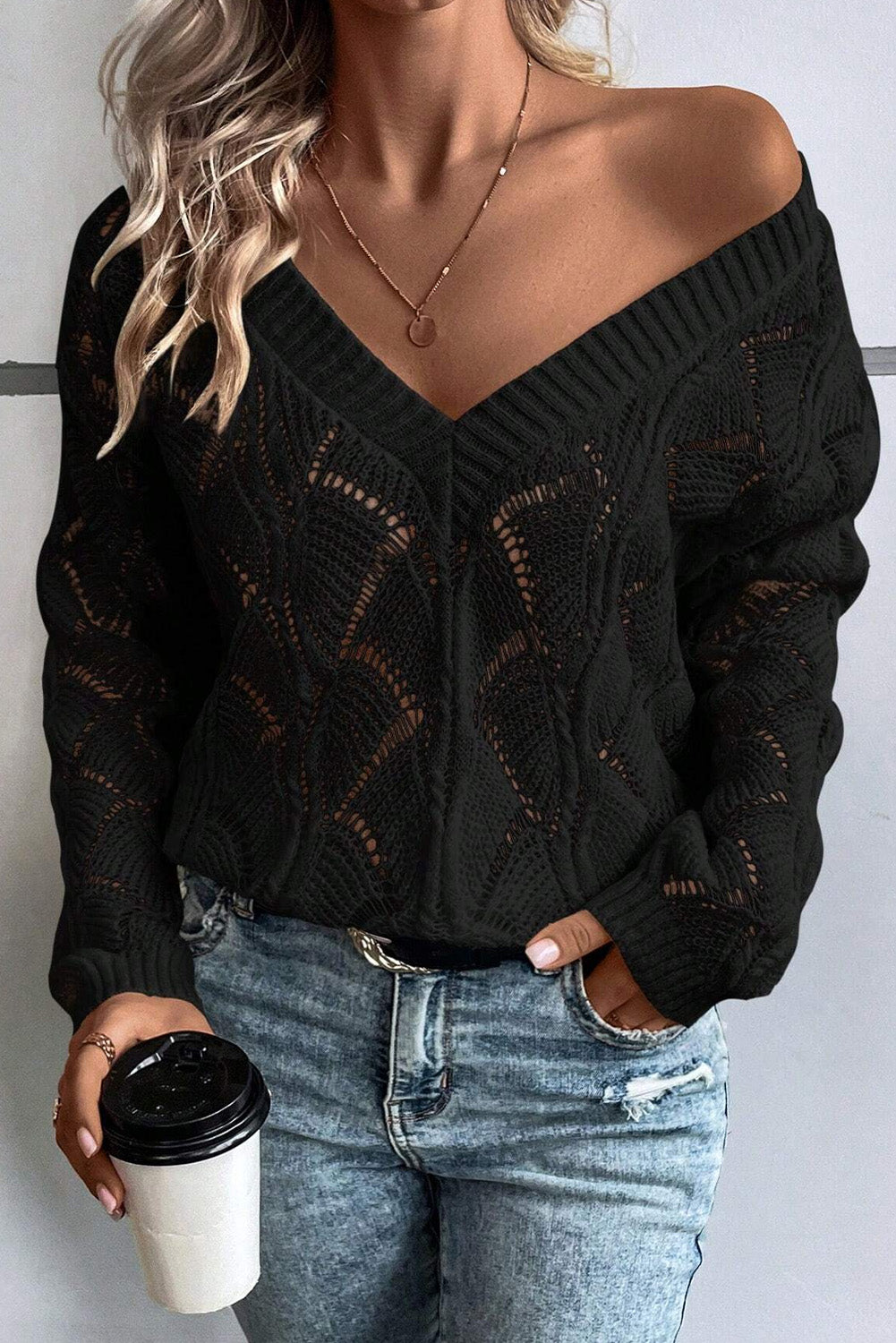 Chic black hollow knit v-neck sweater