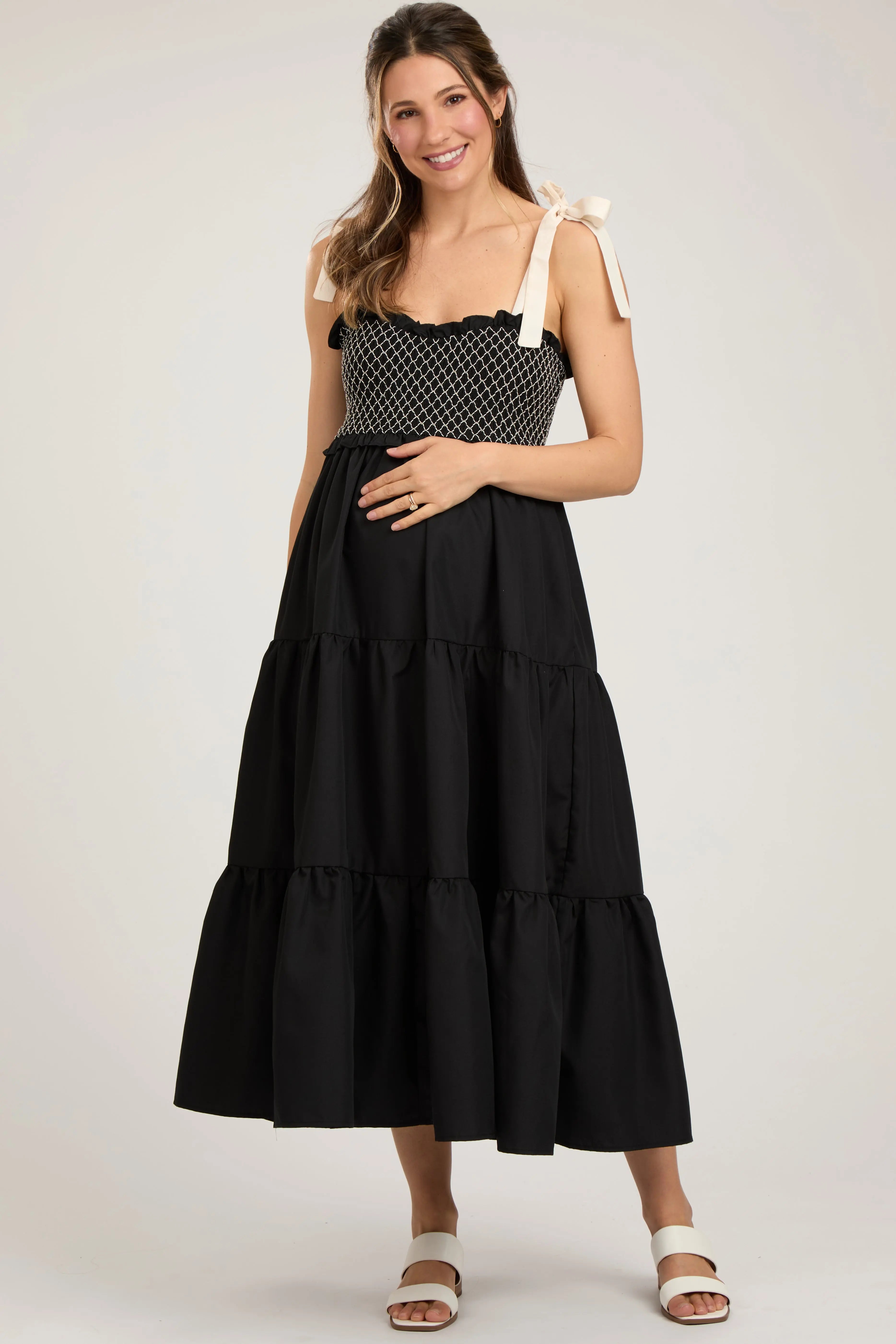 Black Sleeveless Tiered Colorblock Strap Maternity Maxi Dress PinkBlush