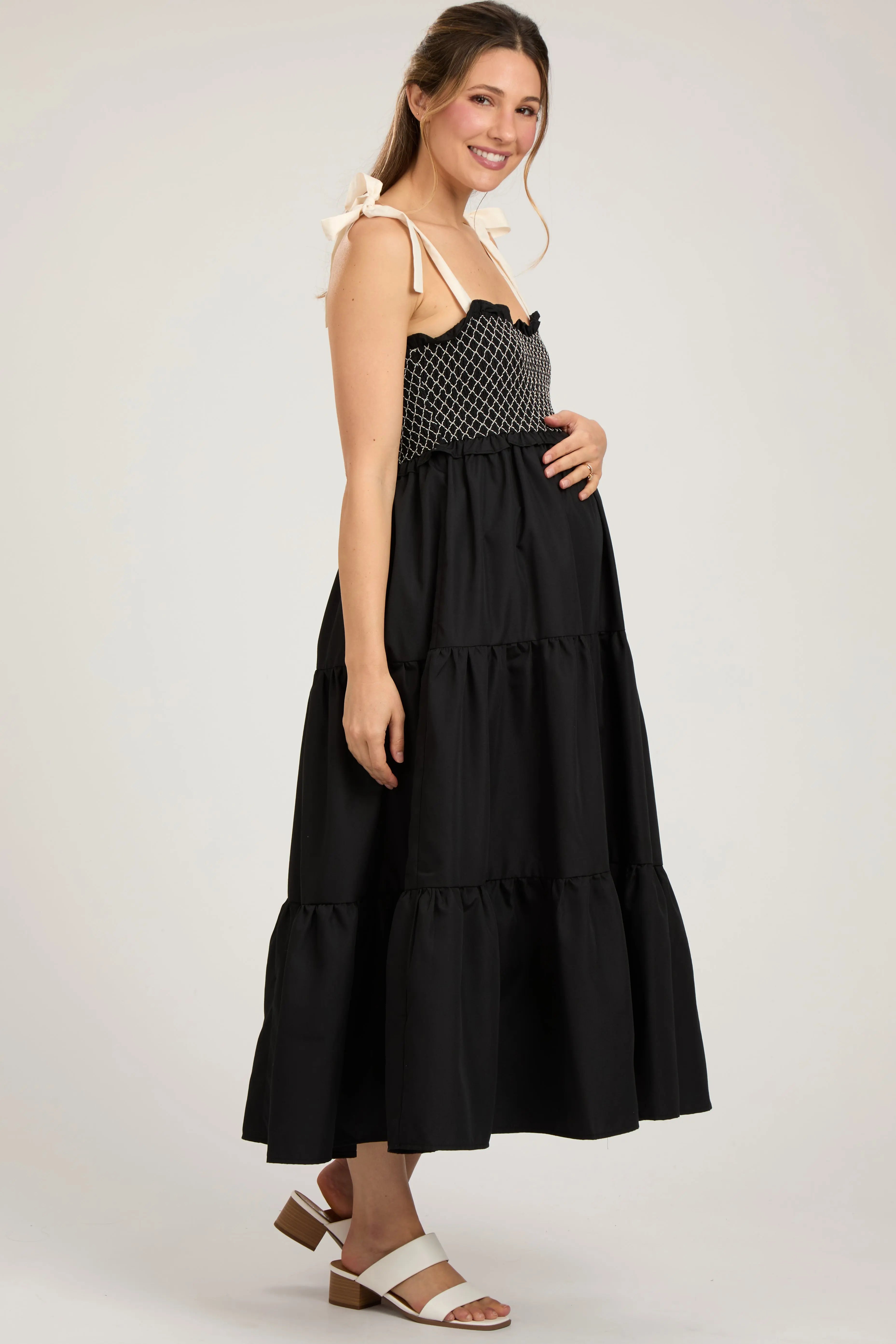 Black Sleeveless Tiered Colorblock Strap Maternity Maxi Dress PinkBlush