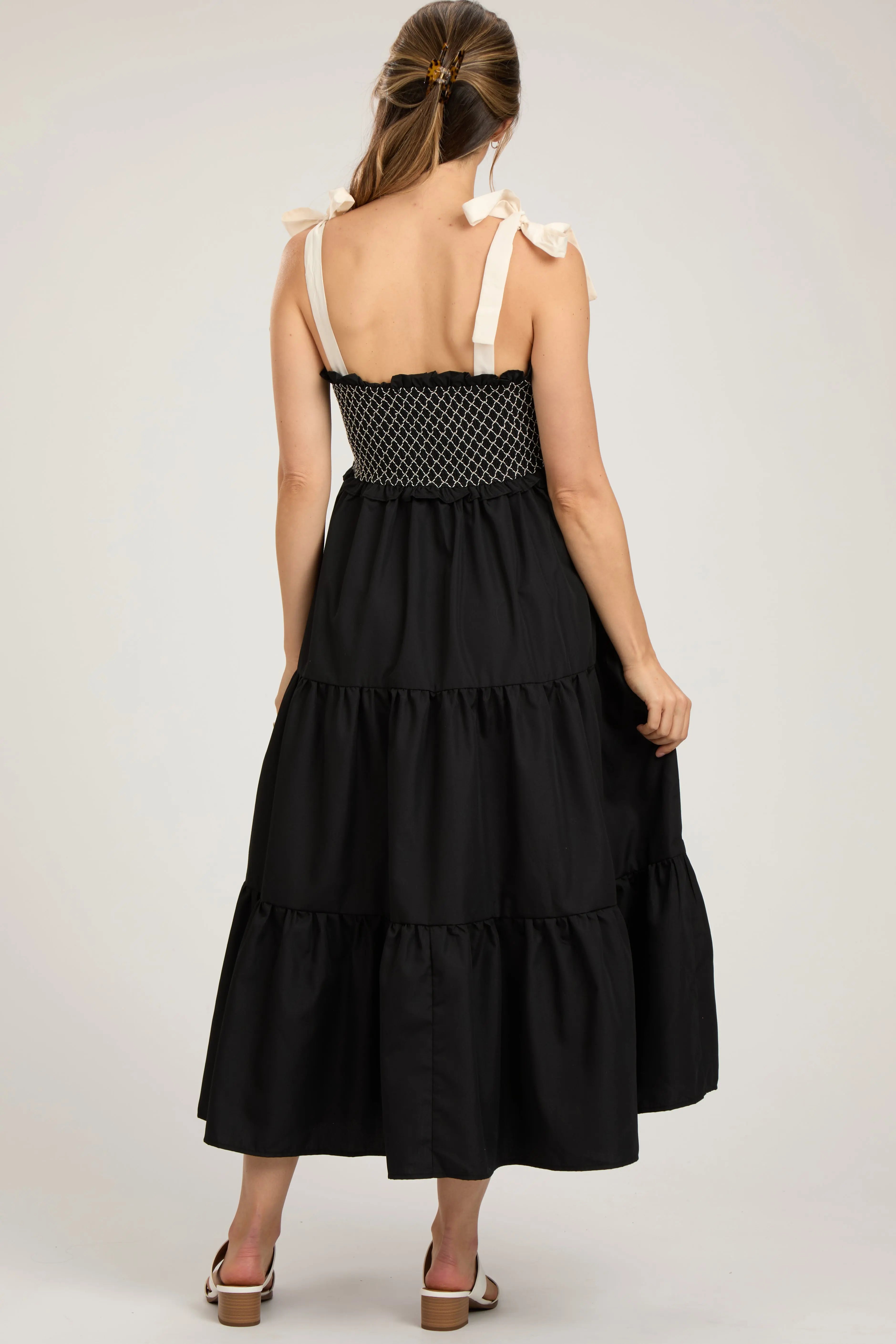 Black Sleeveless Tiered Colorblock Strap Maternity Maxi Dress PinkBlush