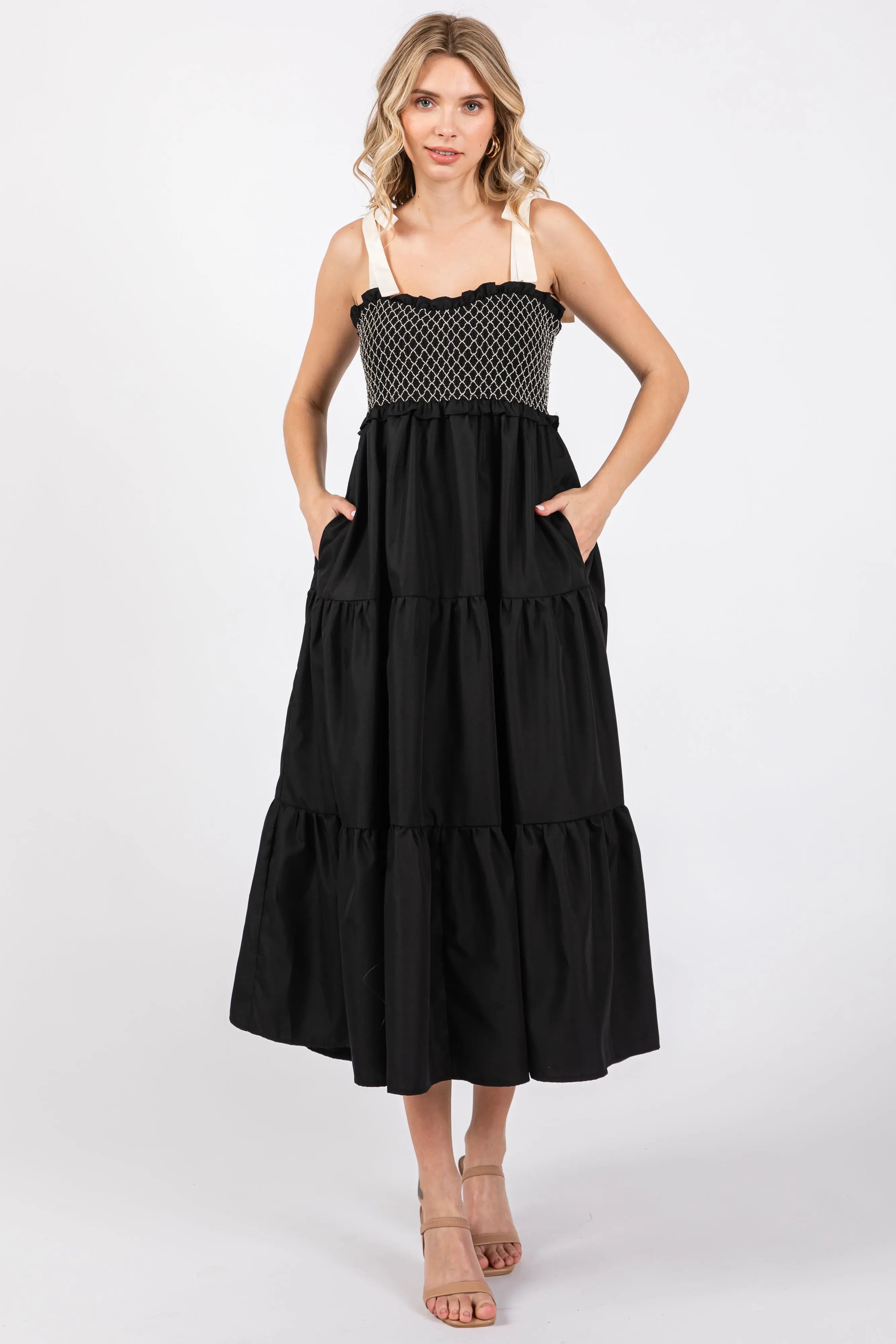 Black Sleeveless Tiered Colorblock Strap Maternity Maxi Dress PinkBlush