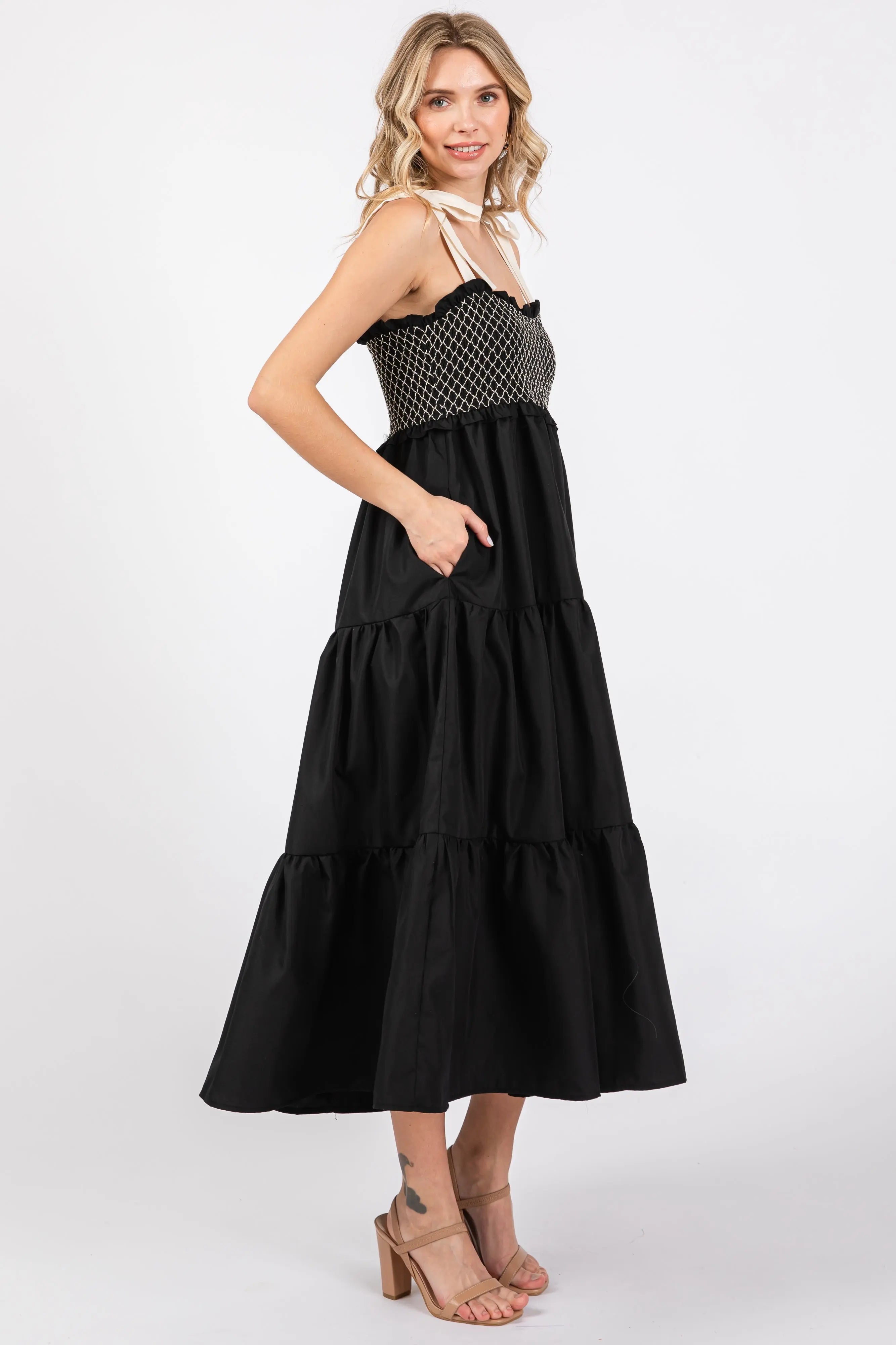Black Sleeveless Tiered Colorblock Shoulder Straps Maxi Dress With Pockets PinkBlush