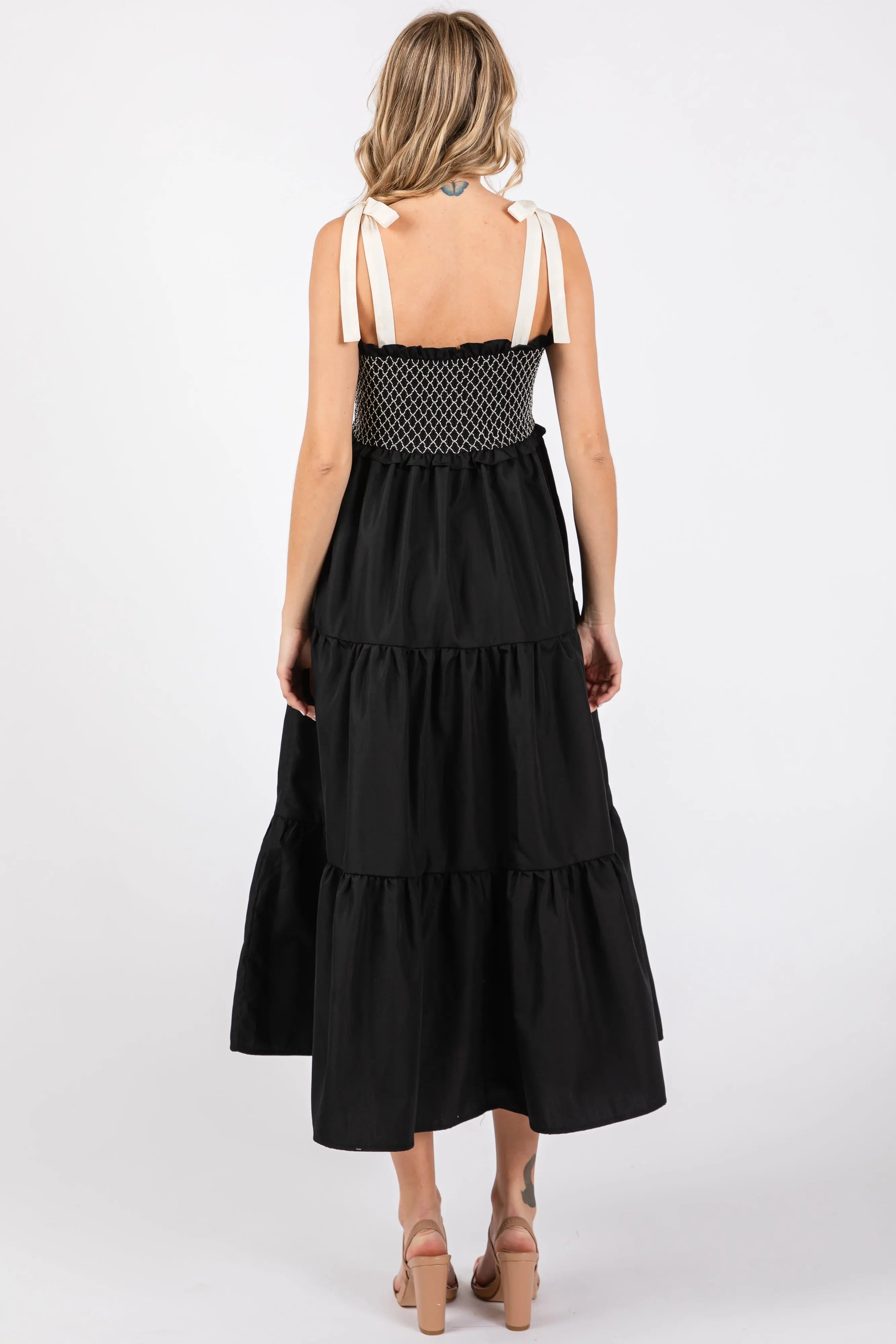 Black Sleeveless Tiered Colorblock Shoulder Straps Maxi Dress With Pockets PinkBlush