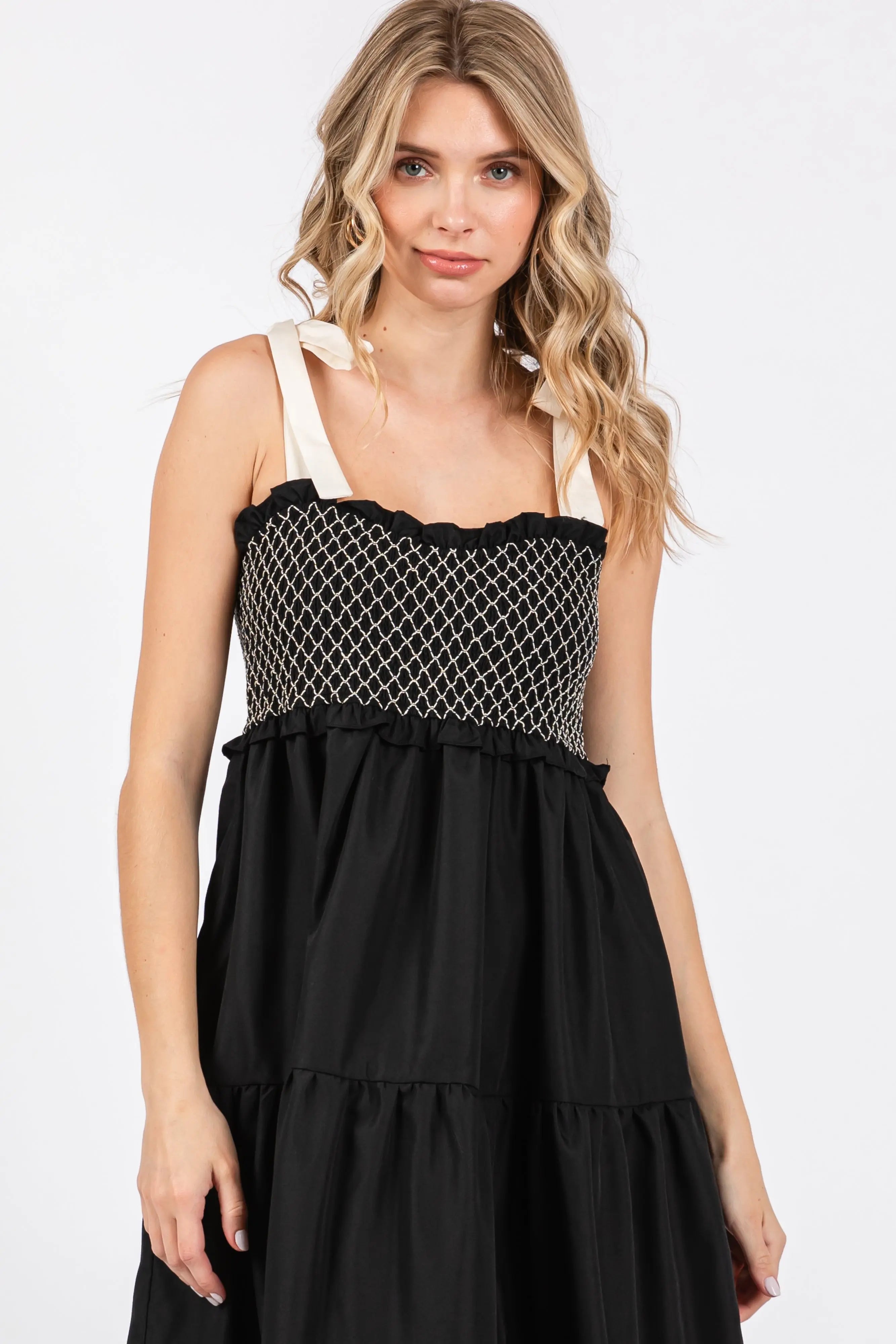 Black Sleeveless Tiered Colorblock Shoulder Straps Maxi Dress With Pockets PinkBlush