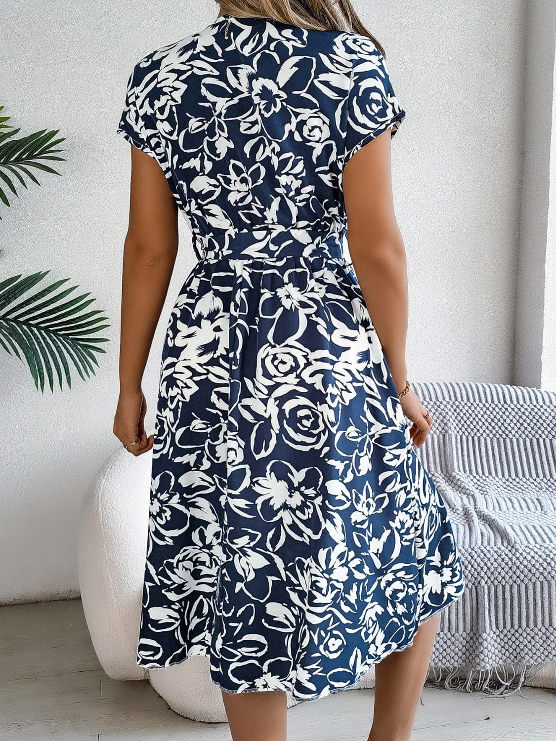 Printed V-Neck Short Sleeve Dress.