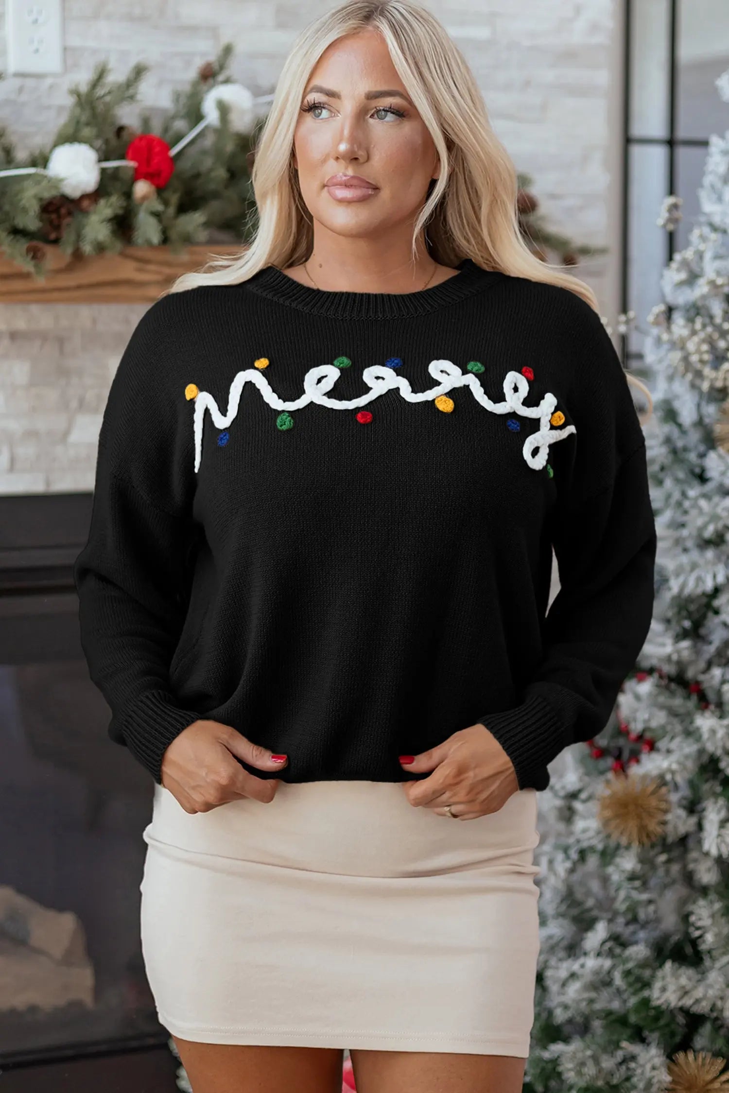 Black Merry Christmas Sweater With Colorful Dot Detail And Drop Shoulder Dear-Lover Dropshipping