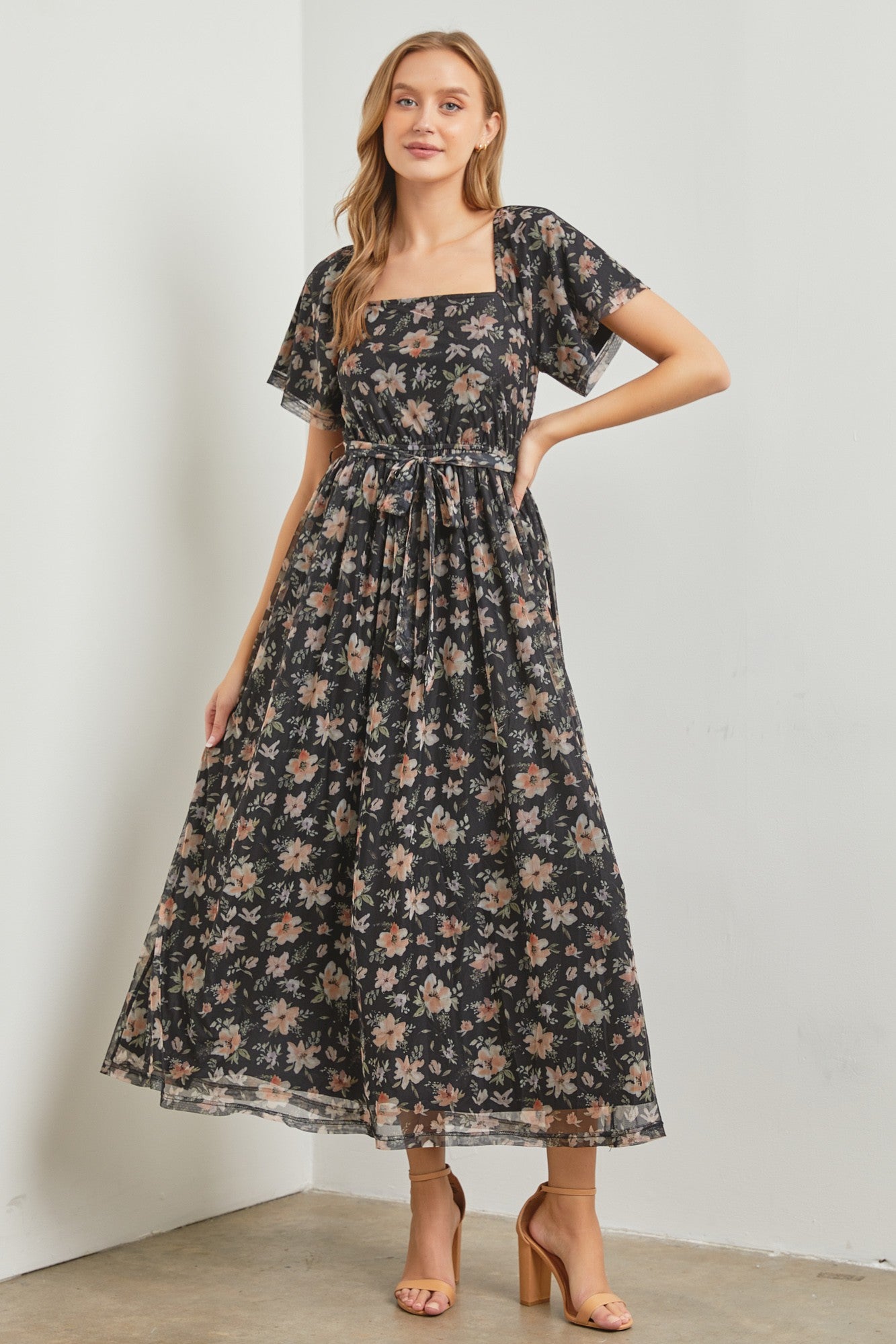 Black Floral Waist Tie Maternity Midi Dress PinkBlush