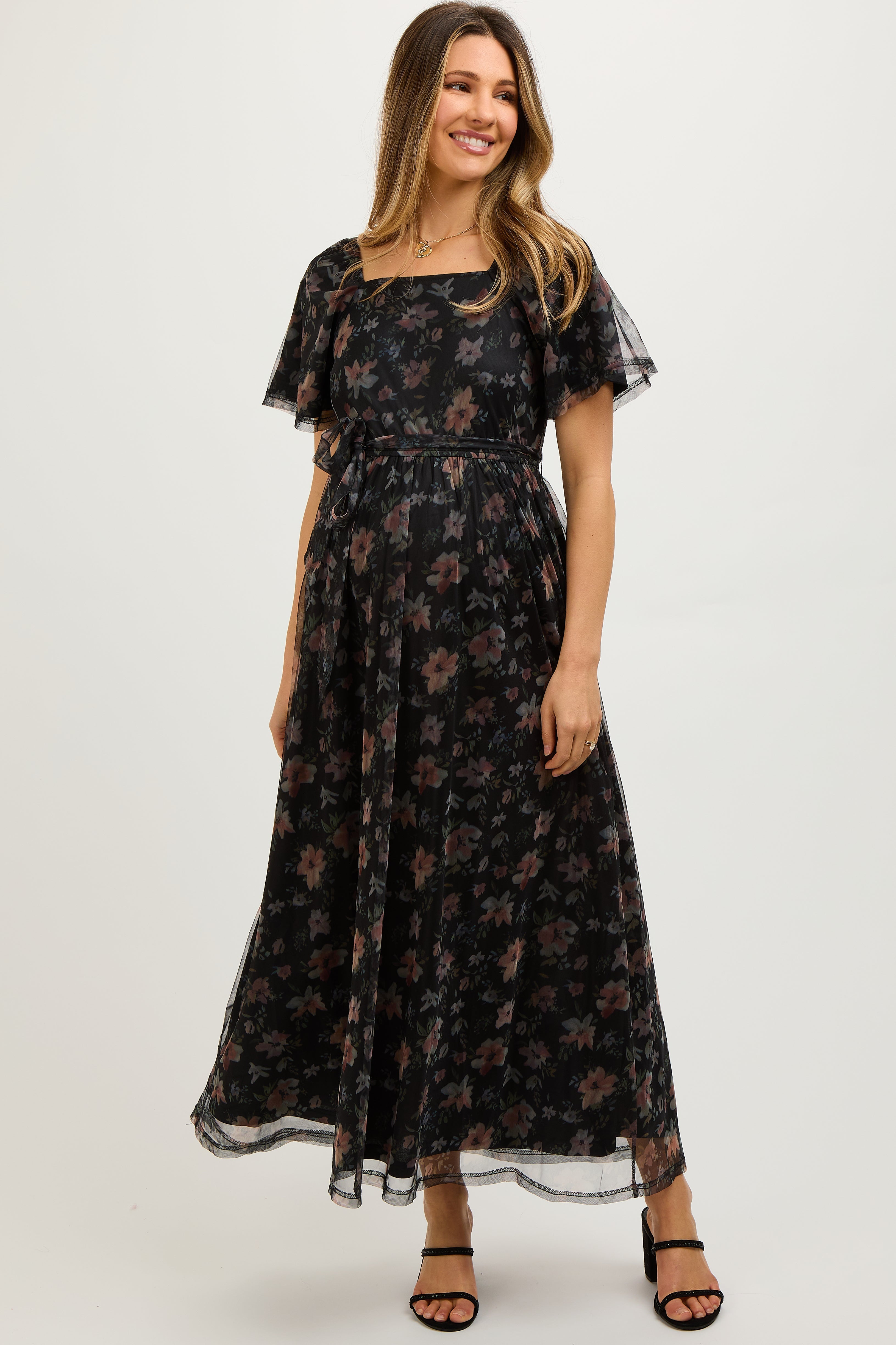 Black Floral Waist Tie Maternity Midi Dress PinkBlush