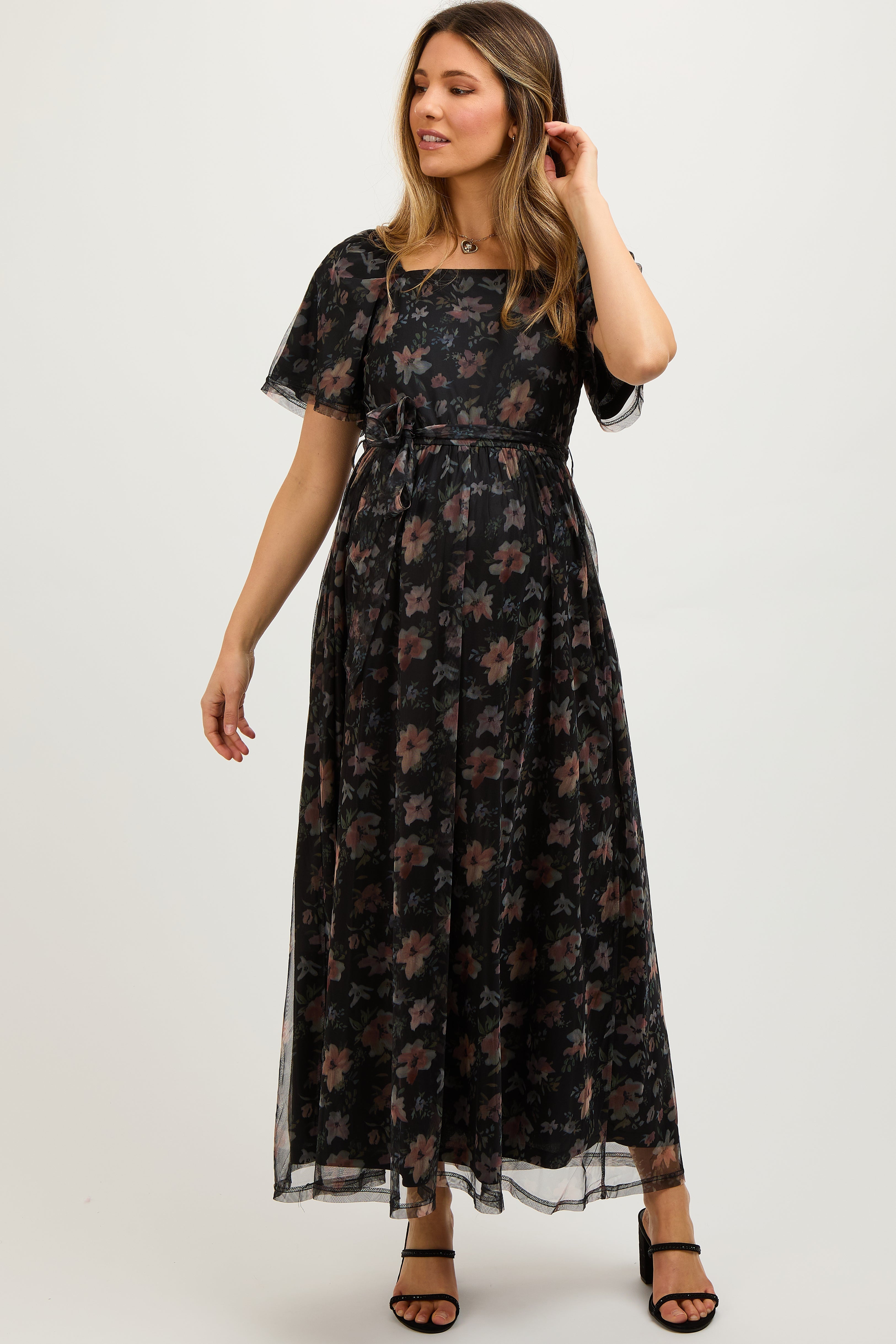 Black Floral Waist Tie Maternity Midi Dress PinkBlush