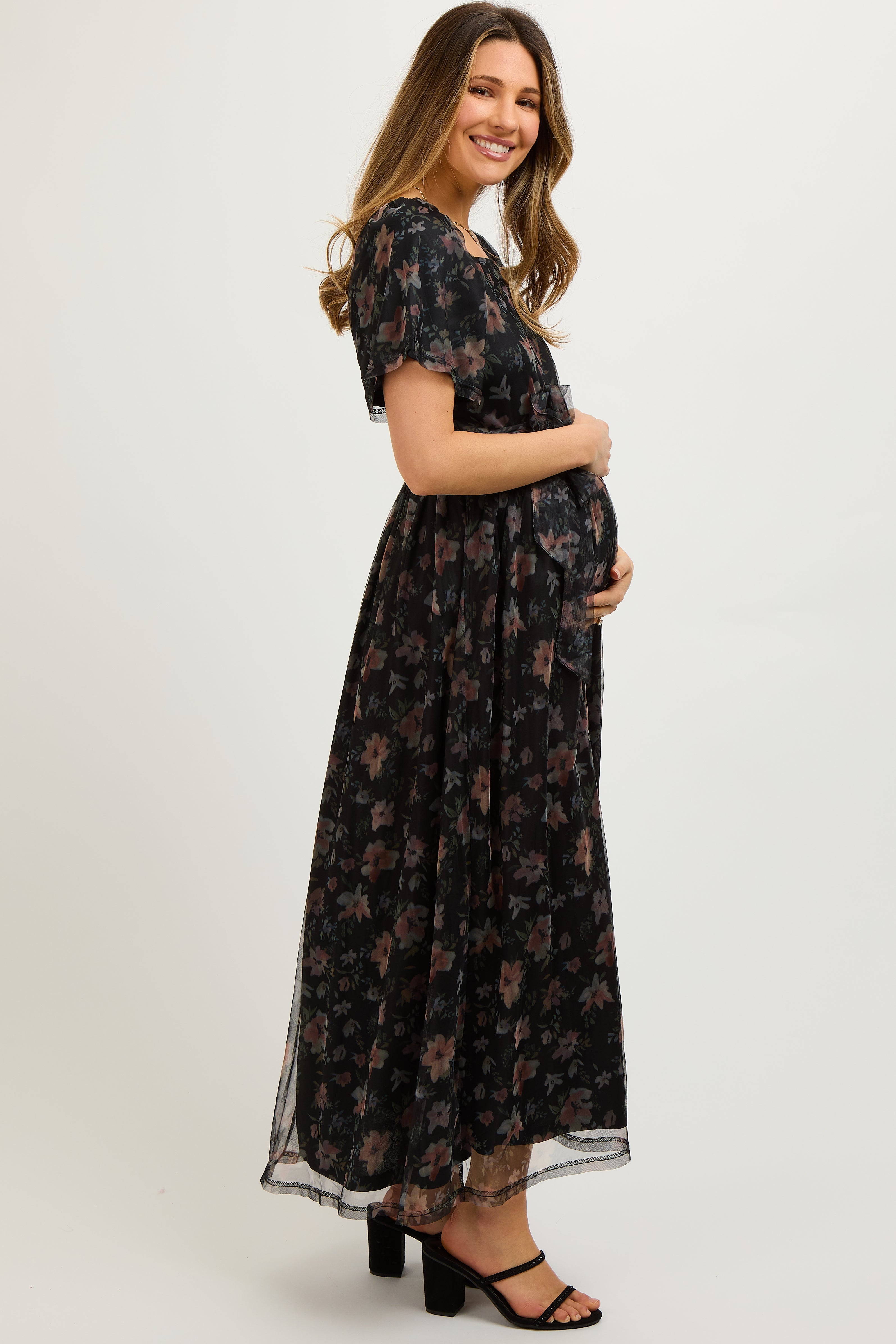 Black Floral Waist Tie Maternity Midi Dress PinkBlush