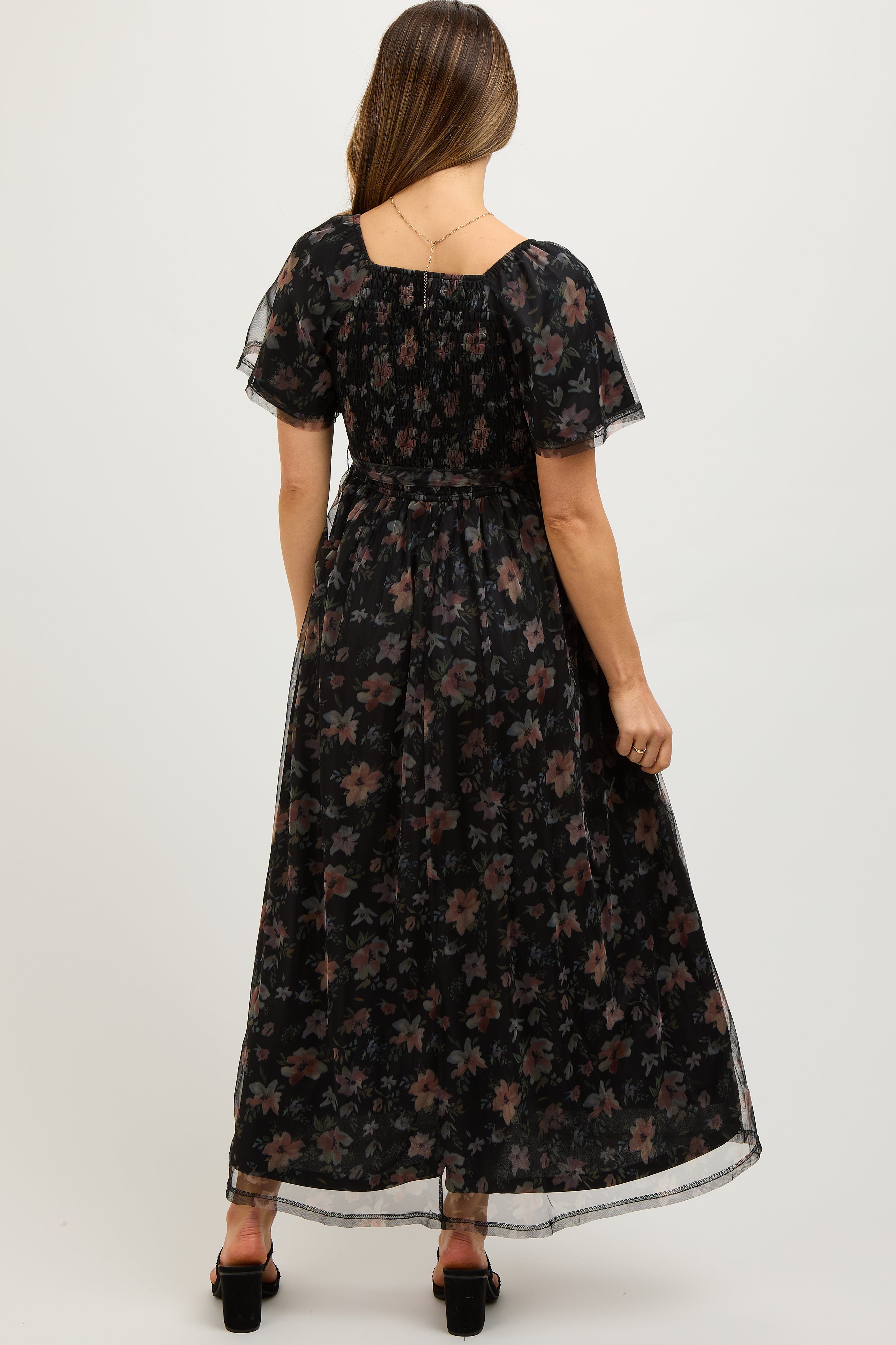 Black Floral Waist Tie Maternity Midi Dress PinkBlush