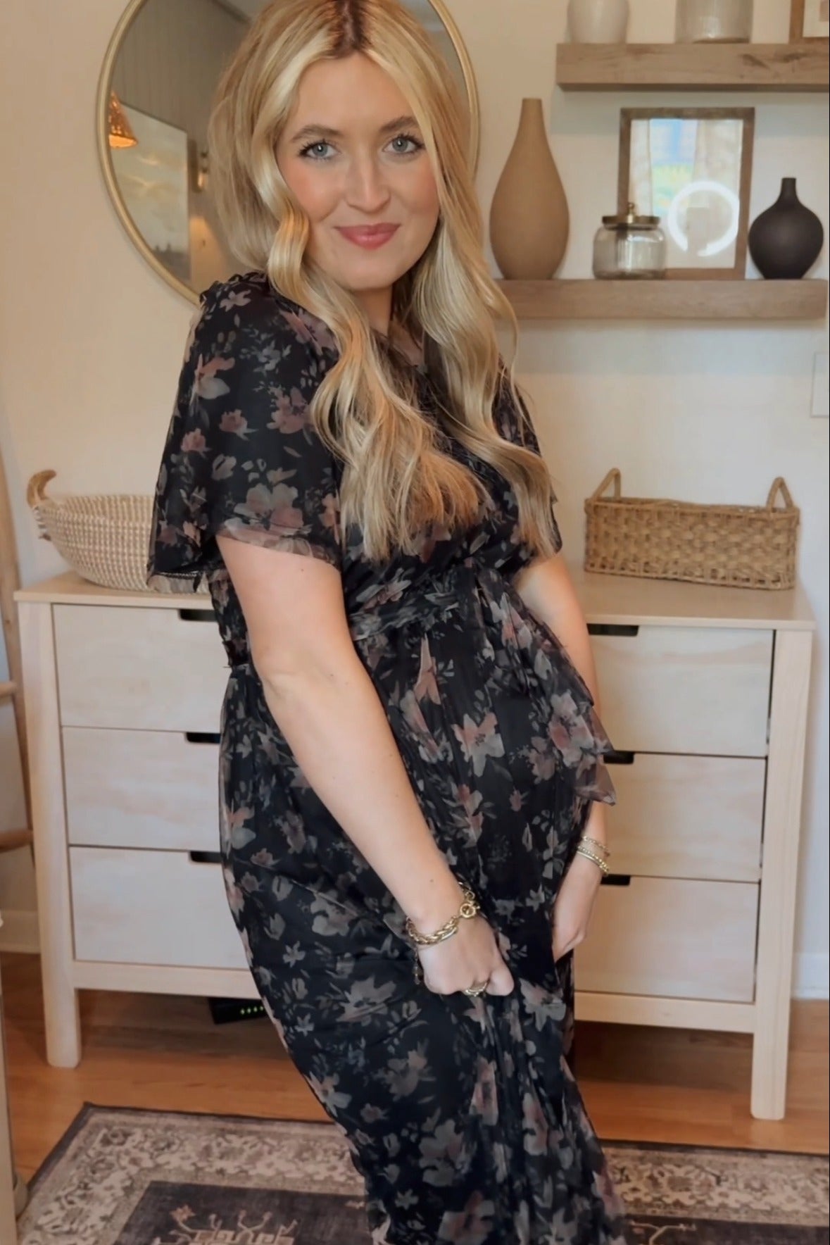 Black Floral Waist Tie Maternity Midi Dress PinkBlush