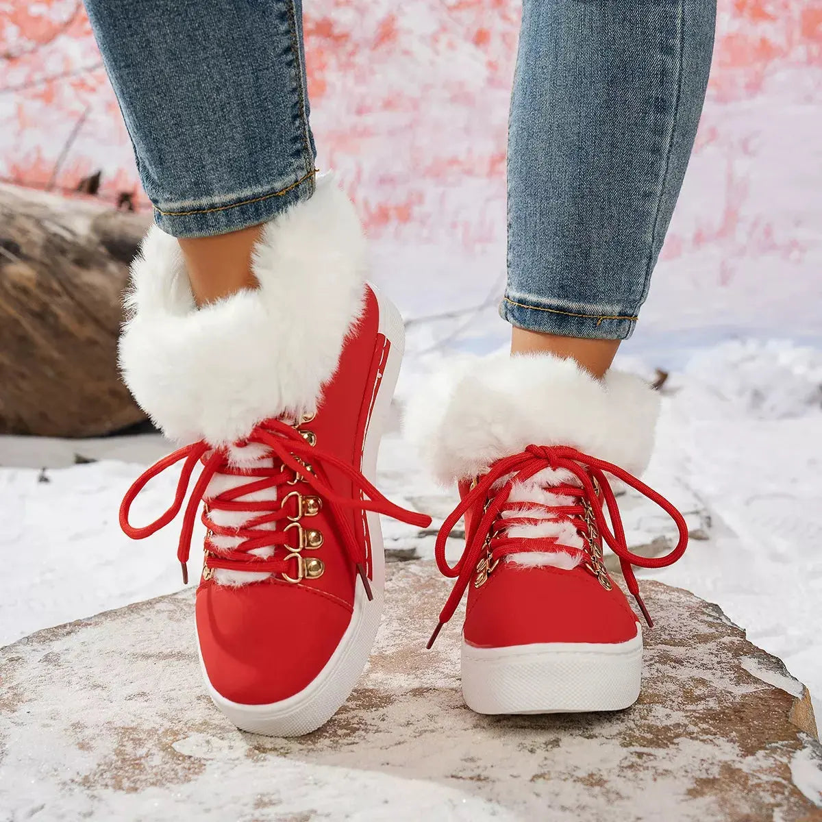 Fuzzy Trim Lace-Up Ankle Boots Simply Love