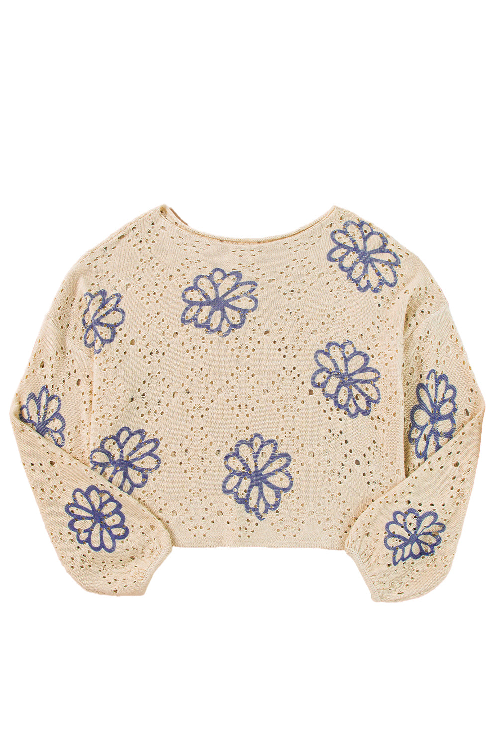 Beige floral eyelet drop shoulder sweater with contrast print