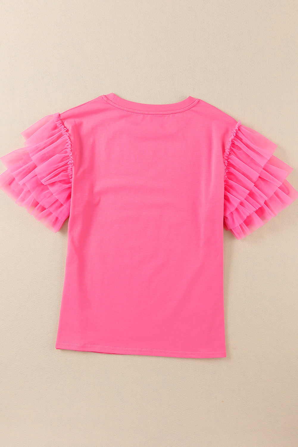 Pink Plain Round Neck Tulle Ruffle Sleeve Blouse Divine Design4U