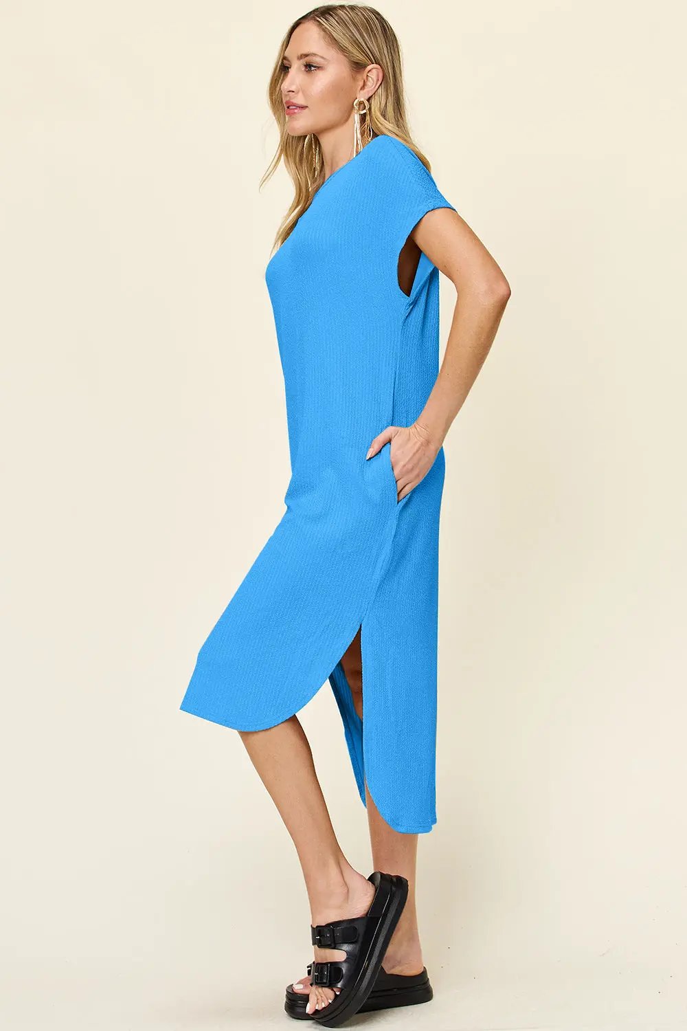 Double Take Full Size Round Neck Short Sleeve Slit Dress - Love Salve