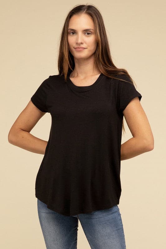 Flowy Round Hem Rayon Short Sleeve Top.