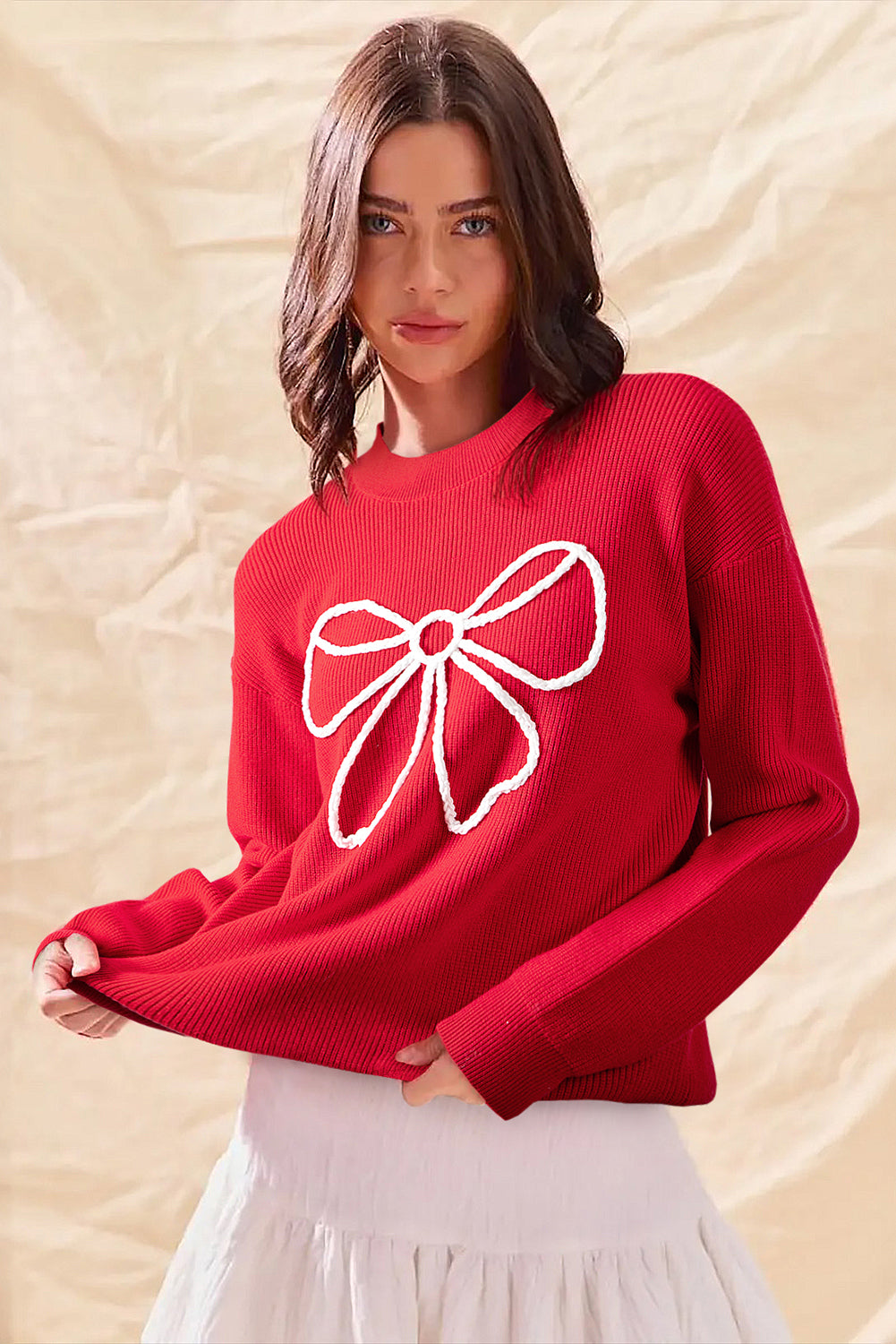 Fiery Red Bow Embroidered Graphic Ribbed Sweater Top For Women Casual Everyday Knitwear Dear-Lover Dropshipping