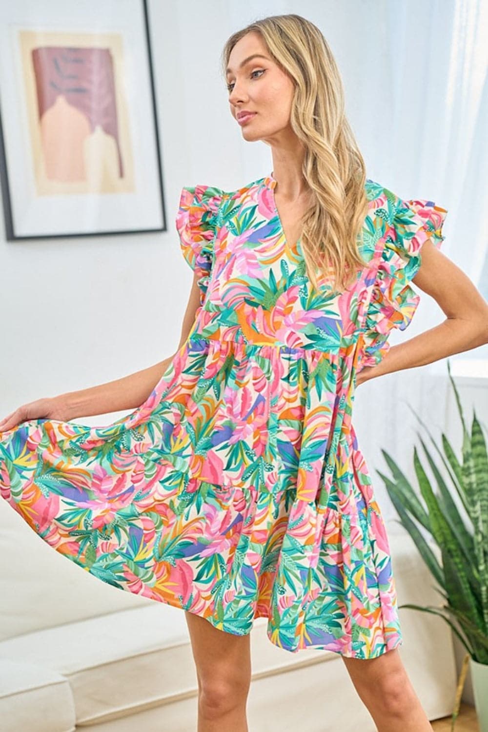 First Love Ruffled Printed Notched Cap Sleeve Dress.