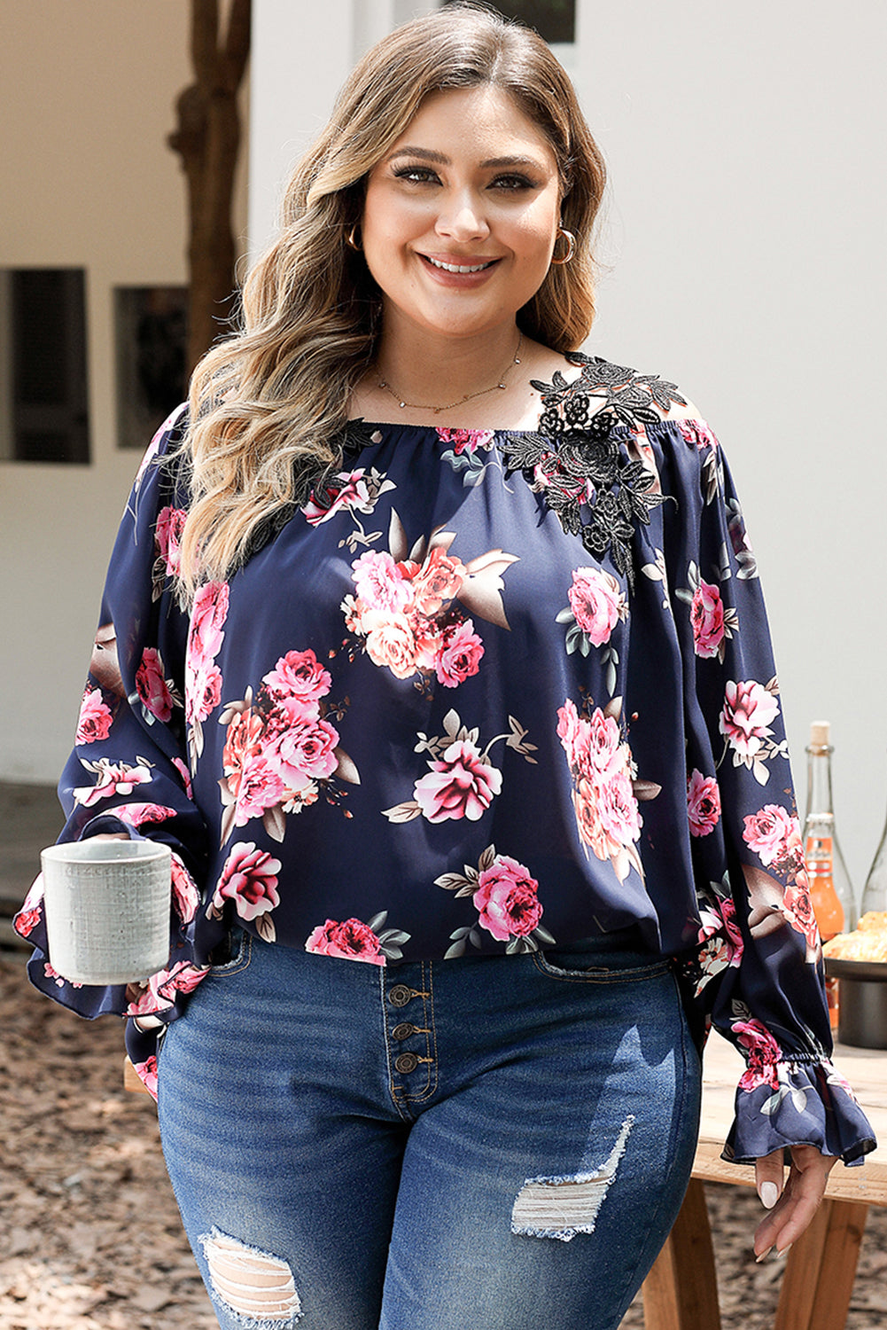 Chic navy blue plus size floral blouse with crochet details and cold shoulder design