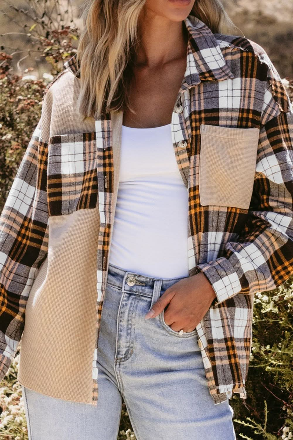 Checkered Long Sleeve Shacket with Pockets