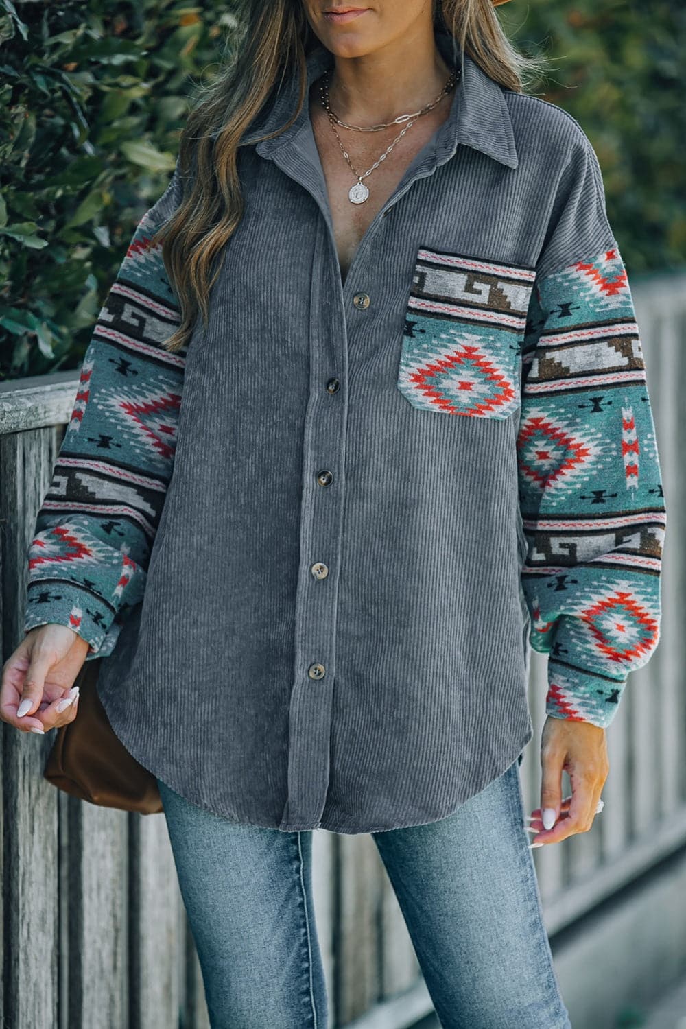 Geometric Button Up Dropped Shoulder Jacket.